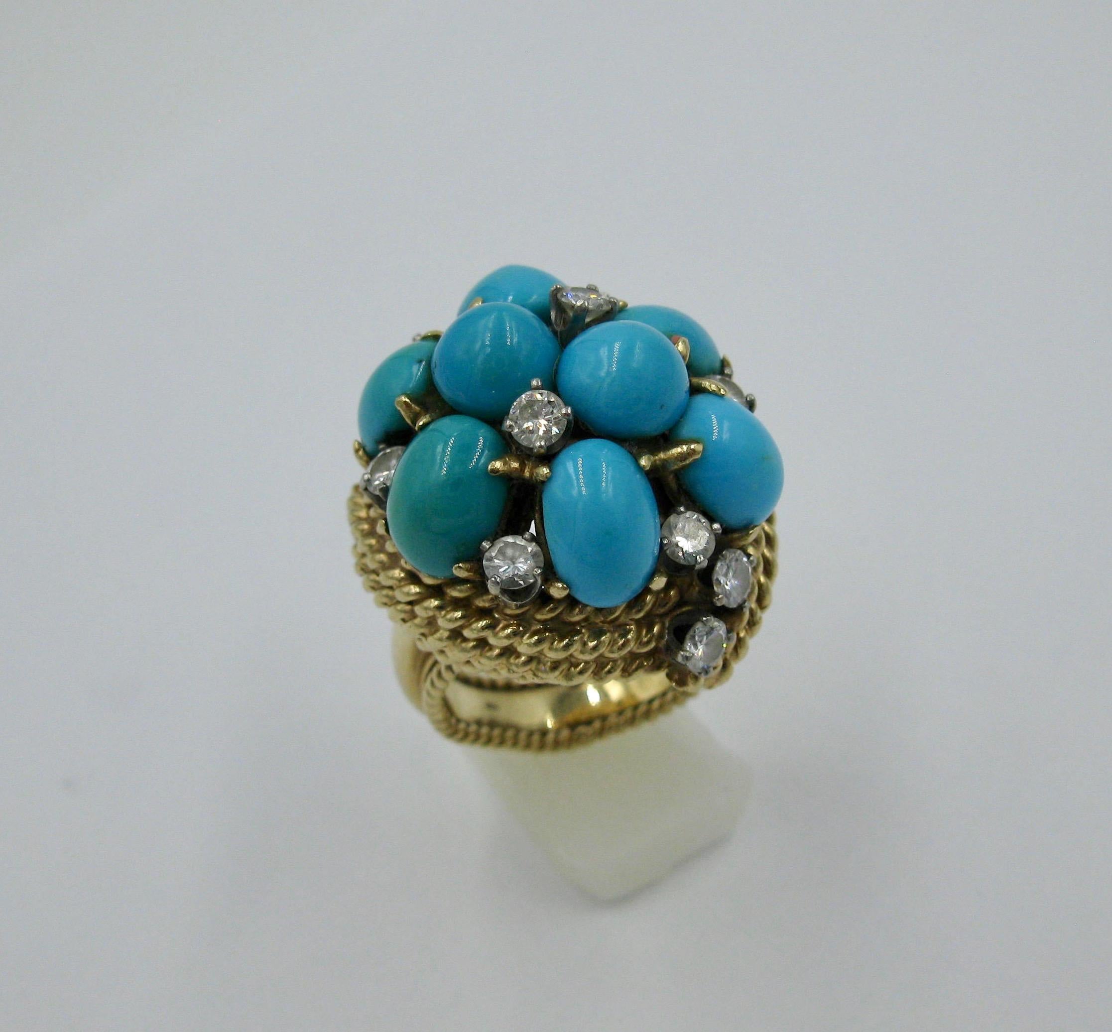 Persian Turquoise 1.5 Carat Diamond Cocktail Ring 14 Karat Gold  Mid Century In Excellent Condition For Sale In New York, NY