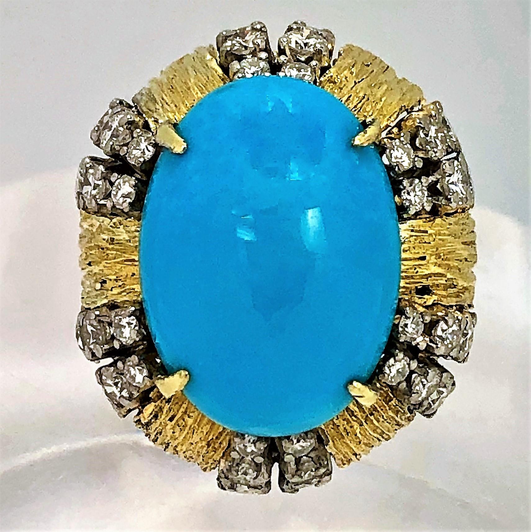 This lovely bark finish, 18K Yellow Gold cocktail ring is set with one oval, 
natural turquoise cabochon and with 36 round brilliant cut diamonds, 
weighing an approximate total of 1.35CT of overall G Color and VS2 Clarity. 
Measures 1 inch north to