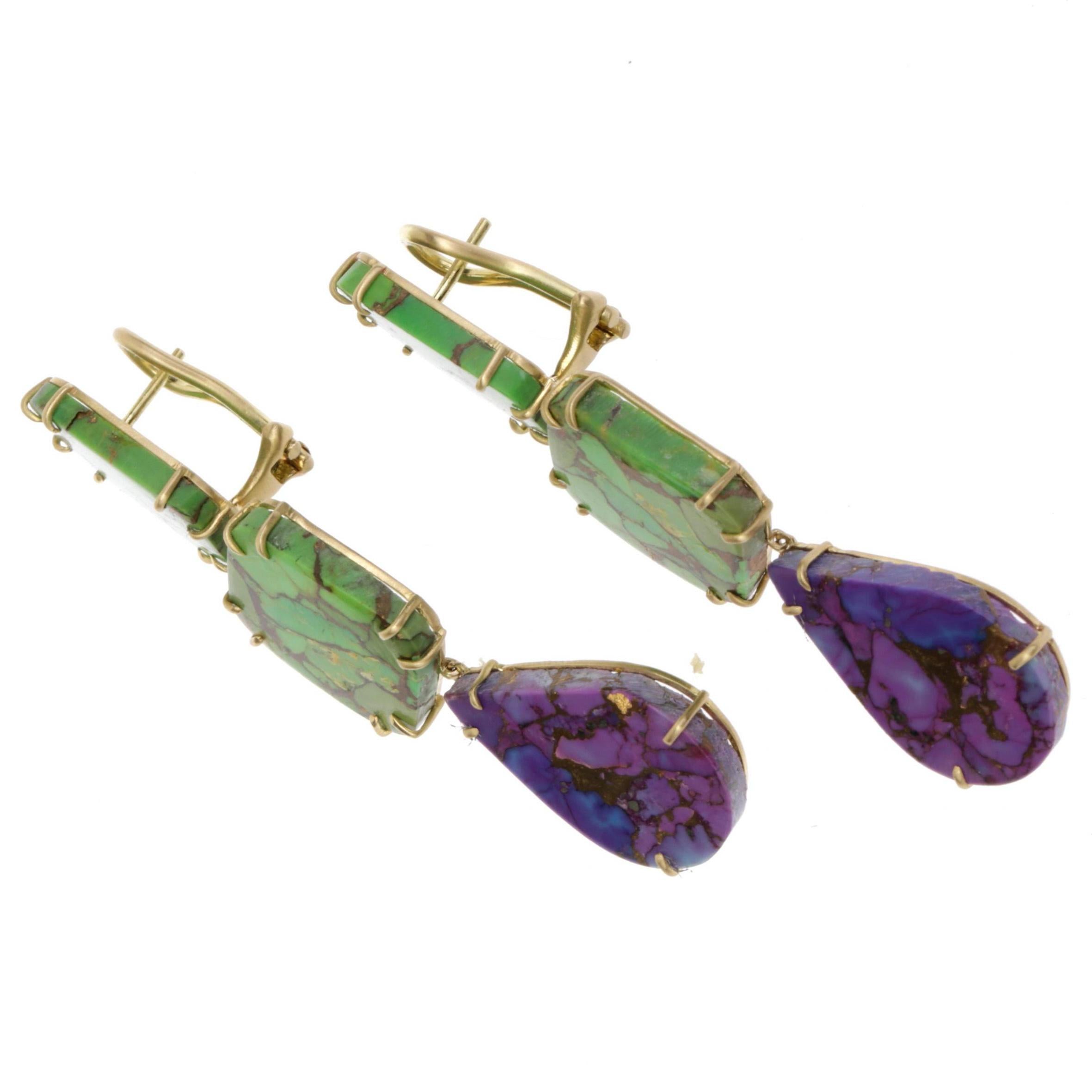  Turquoise 18 Karat Gold Long Earrings In New Condition For Sale In Milan, IT