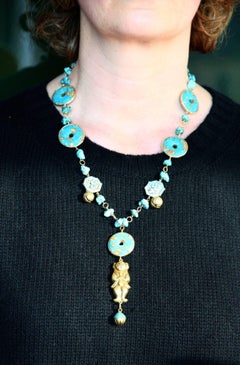 Türkis 18 Karat Gold Lange Halskette mit Türkis