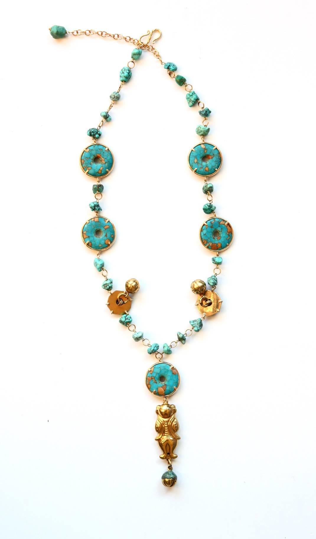 Türkis 18 Karat Gold Lange Halskette mit Türkis (Kunsthandwerker*in) im Angebot