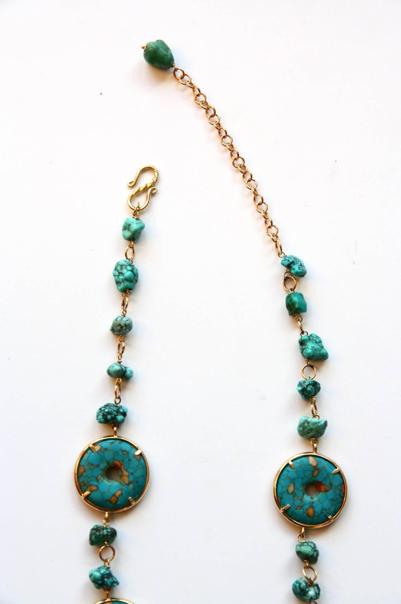 Artisan Turquoise 18 Karat Gold Mao Long Necklace For Sale