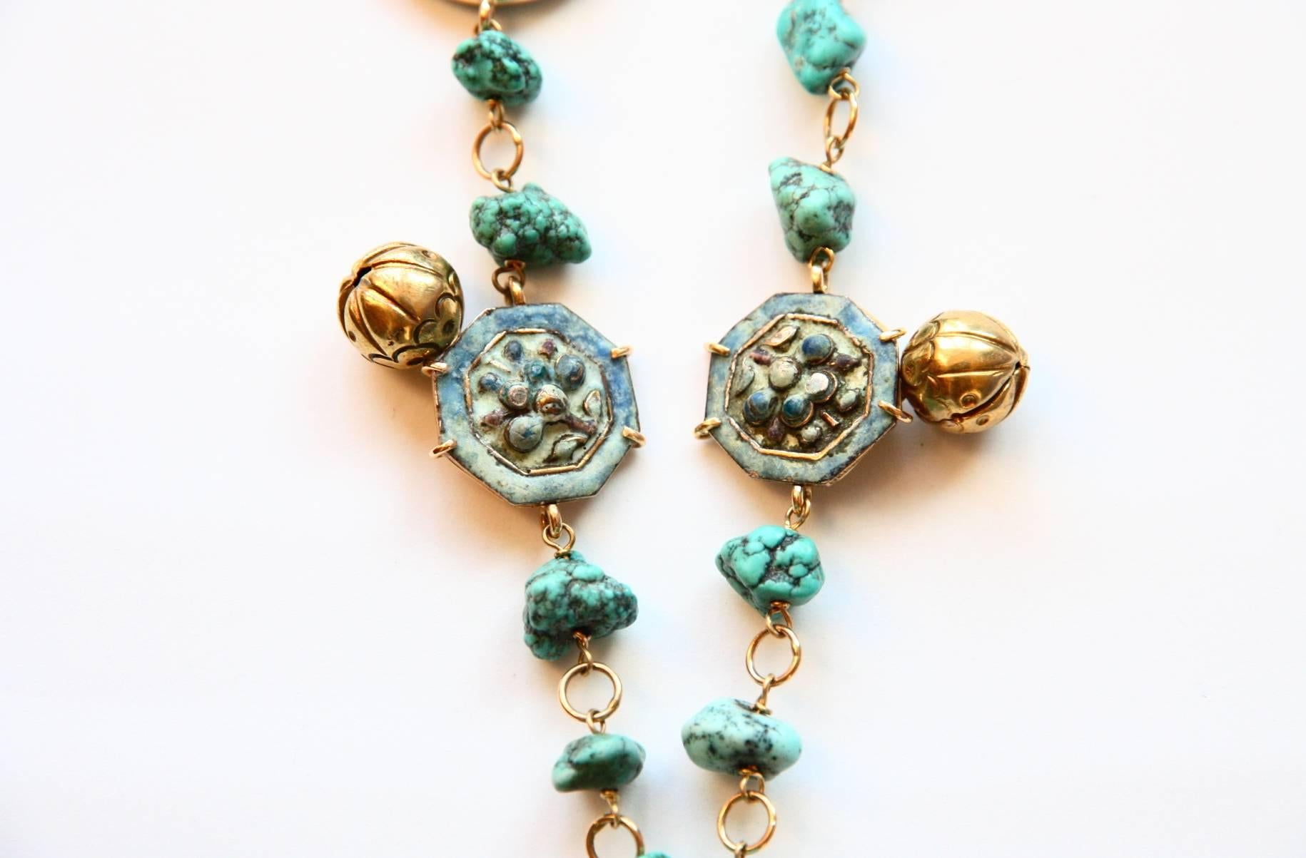 Women's or Men's Turquoise 18 Karat Gold Mao Long Necklace For Sale