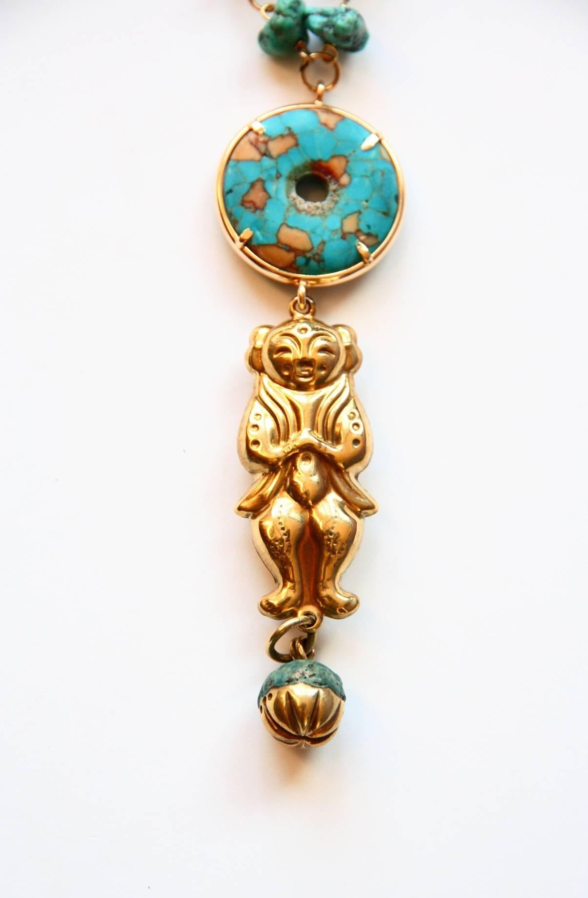 Turquoise 18 Karat Gold Mao Long Necklace For Sale 1