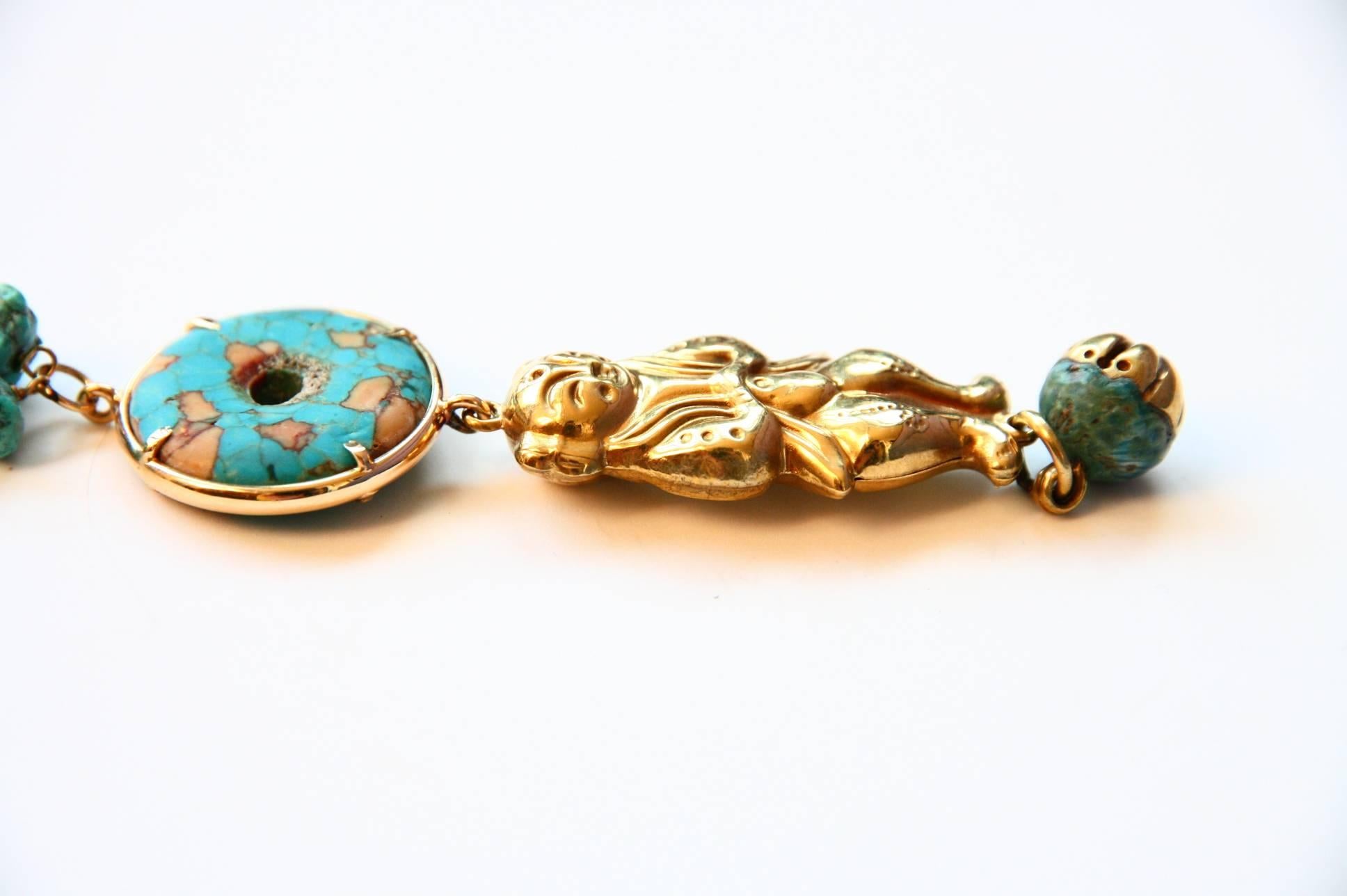 Turquoise 18 Karat Gold Mao Long Necklace For Sale 2