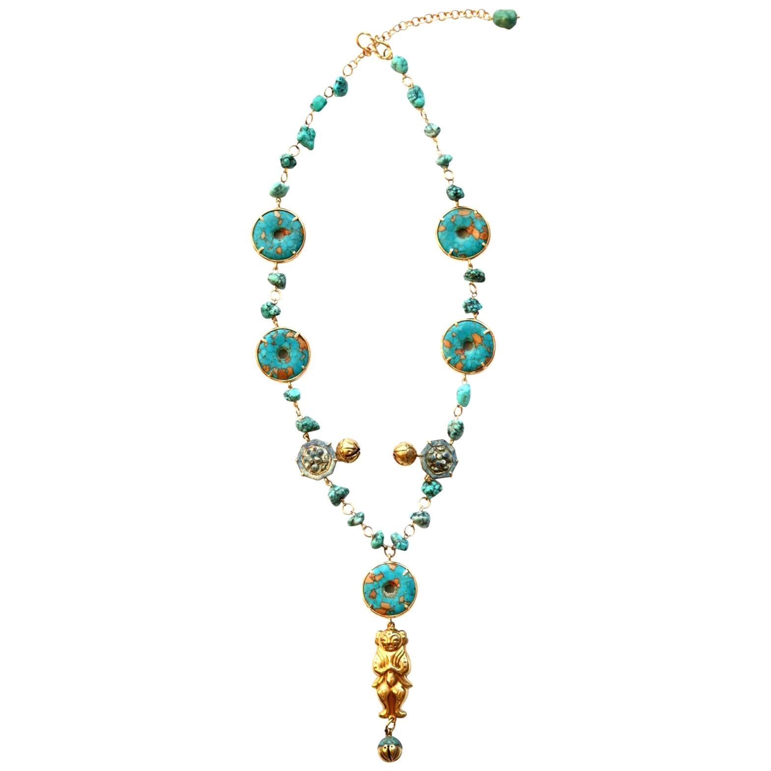 Turquoise 18 Karat Gold Mao Long Necklace For Sale