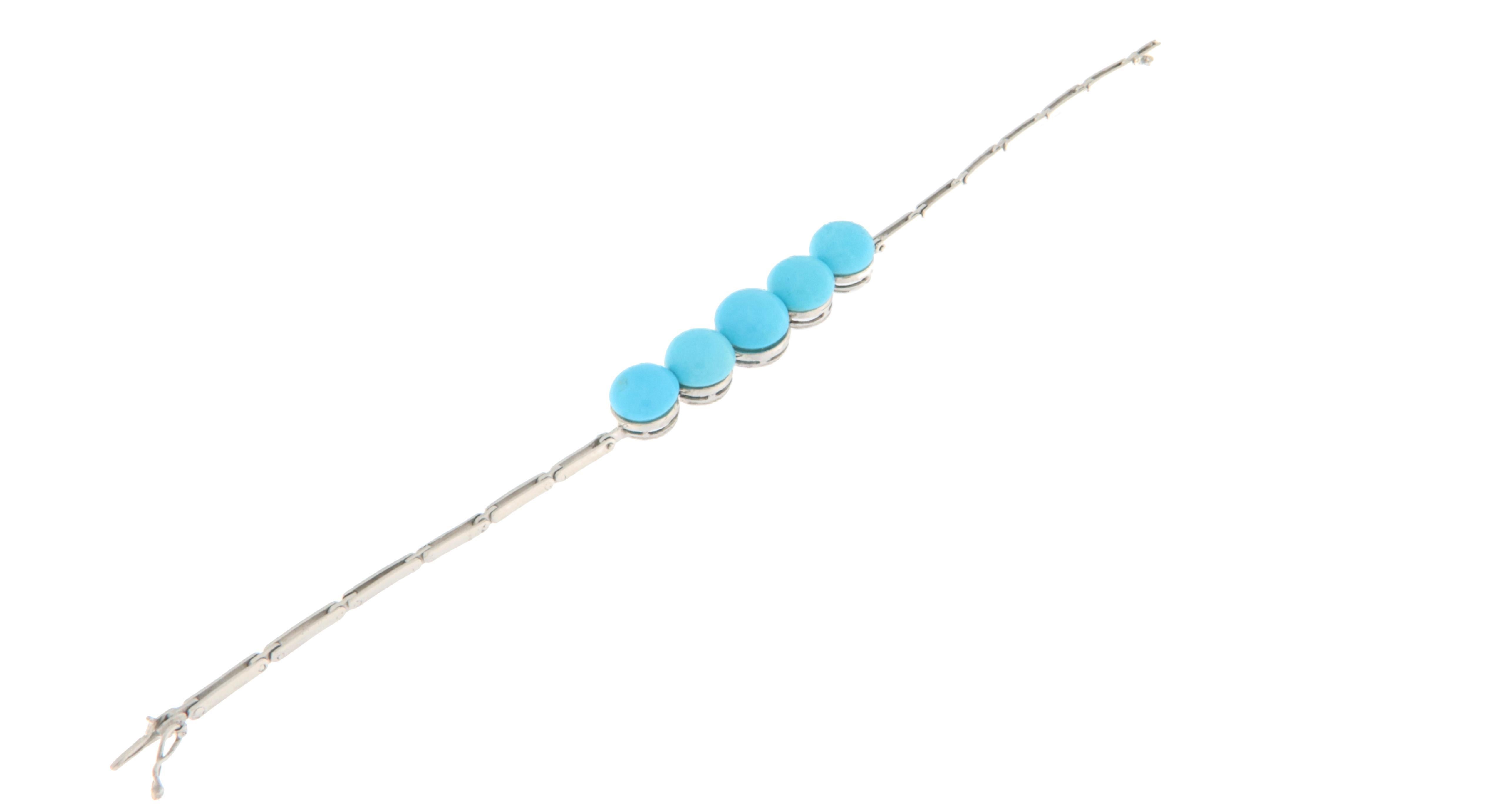 Brilliant Cut Turquoise 18 Karat White Gold Cuff Bracelet For Sale