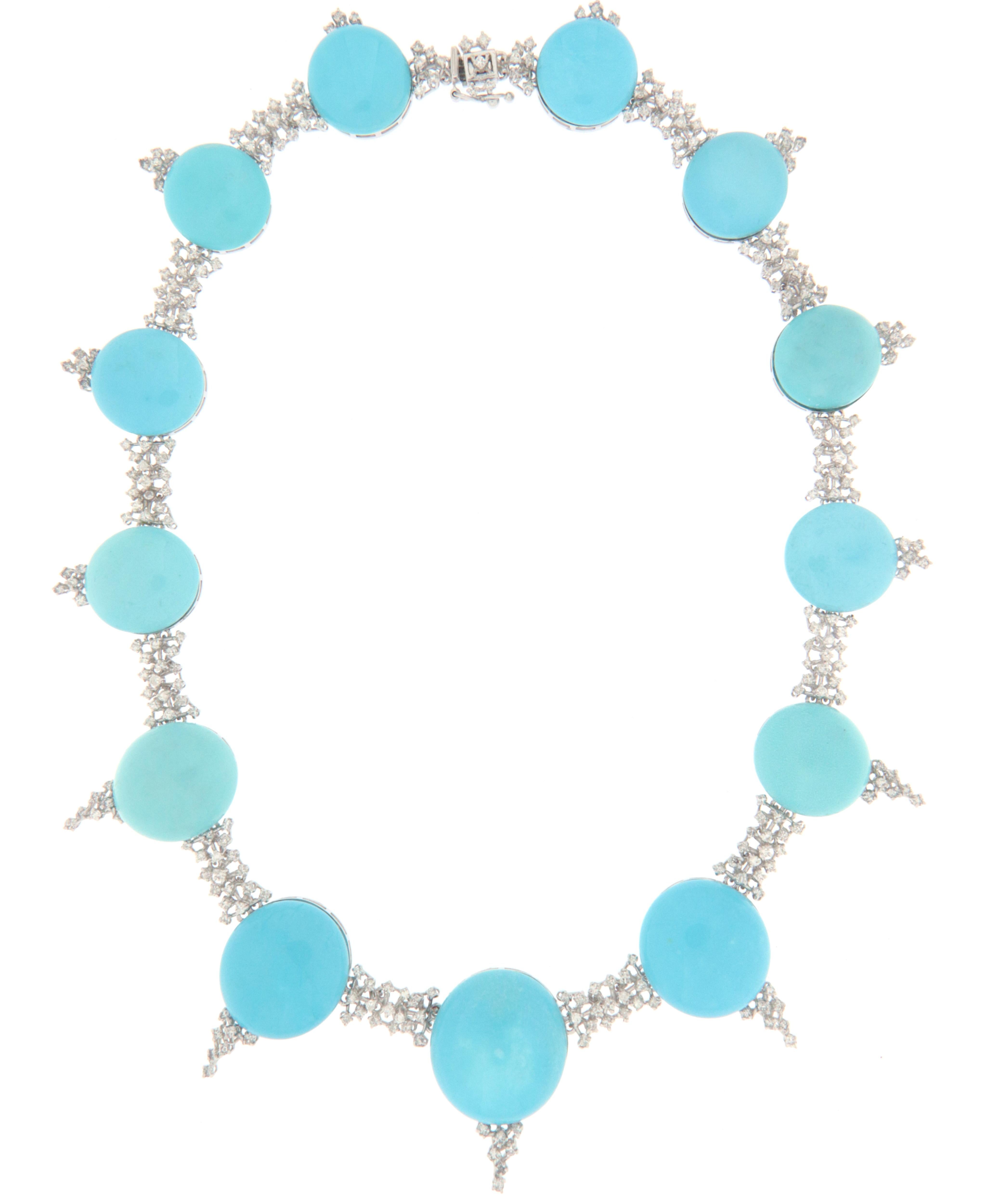 Turquoise 18 Karat White Gold Diamonds Choker Necklace In New Condition For Sale In Marcianise, IT