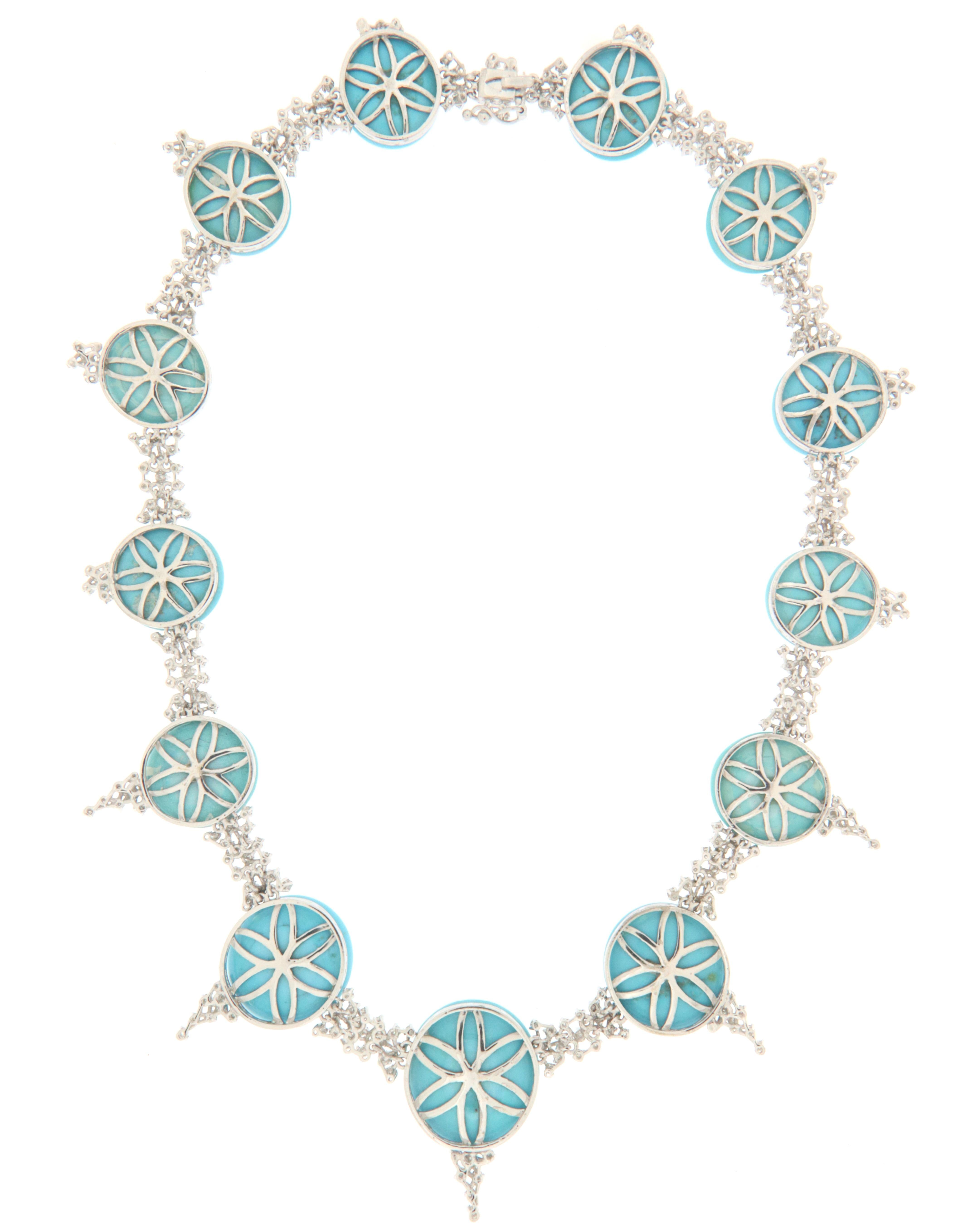 Women's Turquoise 18 Karat White Gold Diamonds Choker Necklace For Sale