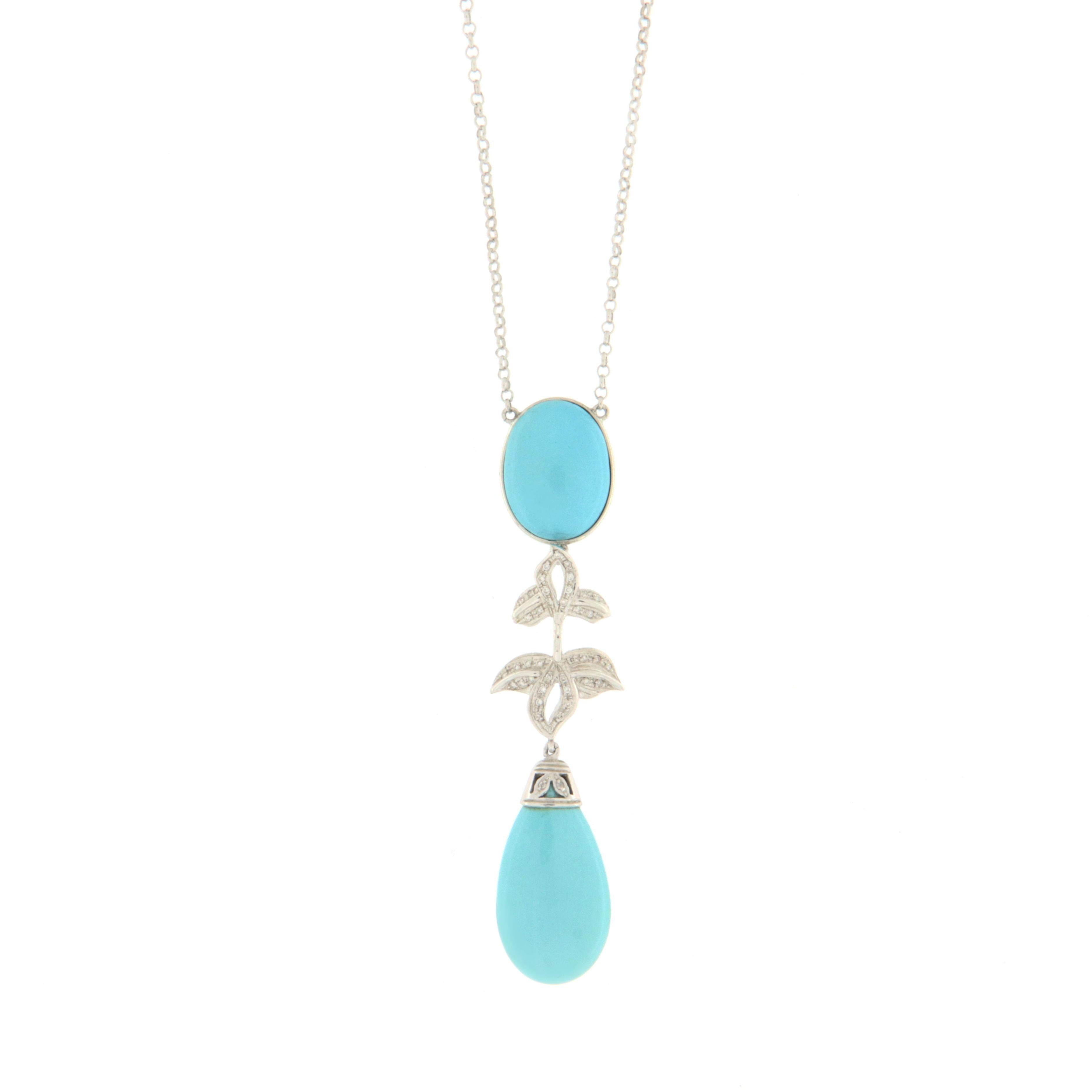 Turquoise 18 Karat White Gold Diamonds Drop Necklace In New Condition For Sale In Marcianise, IT