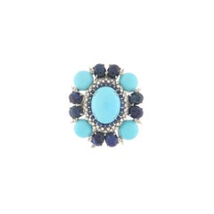 Turquoise 18 Karat White Gold Diamonds Sapphires Brooch