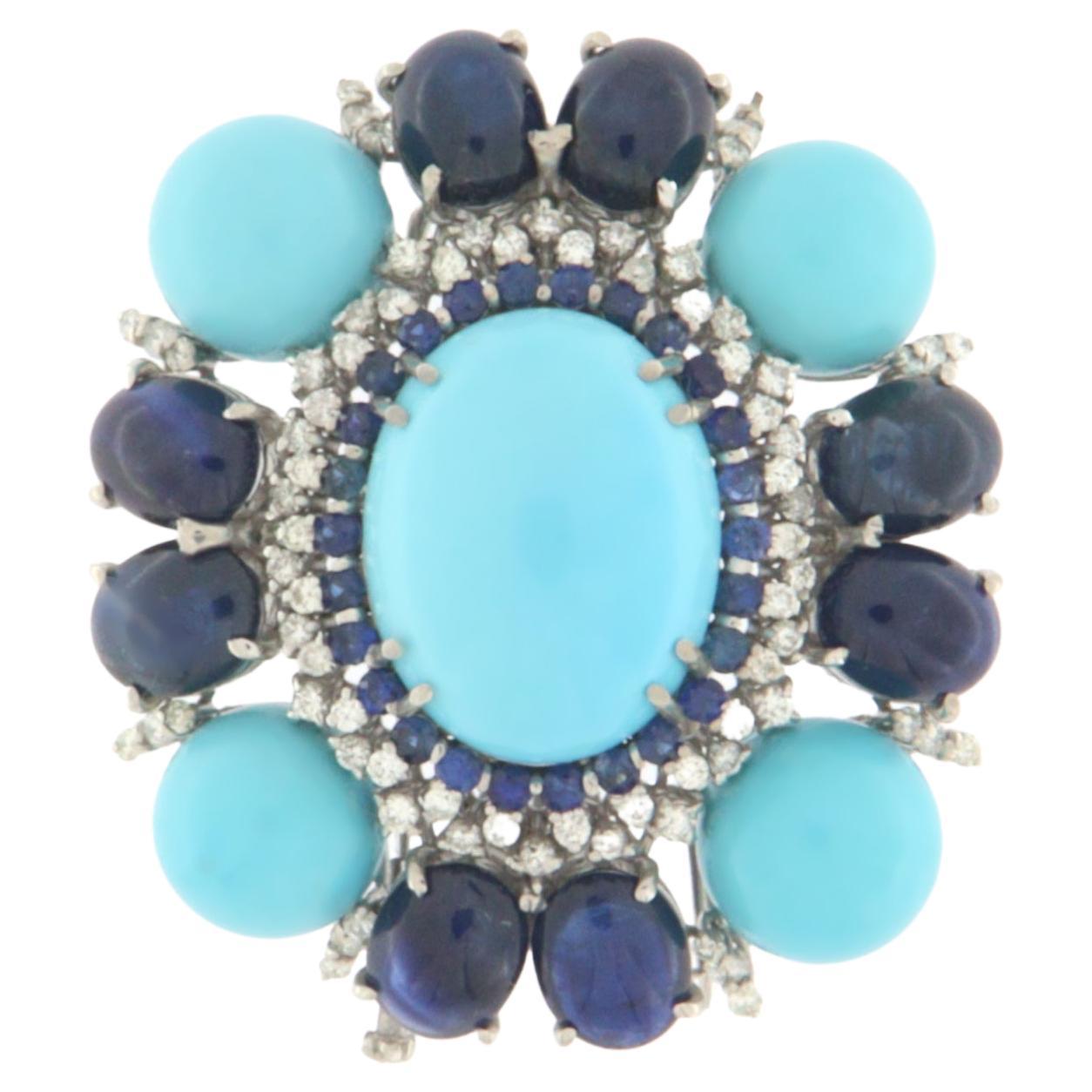 Turquoise 18 Karat White Gold Diamonds Sapphires Brooch For Sale