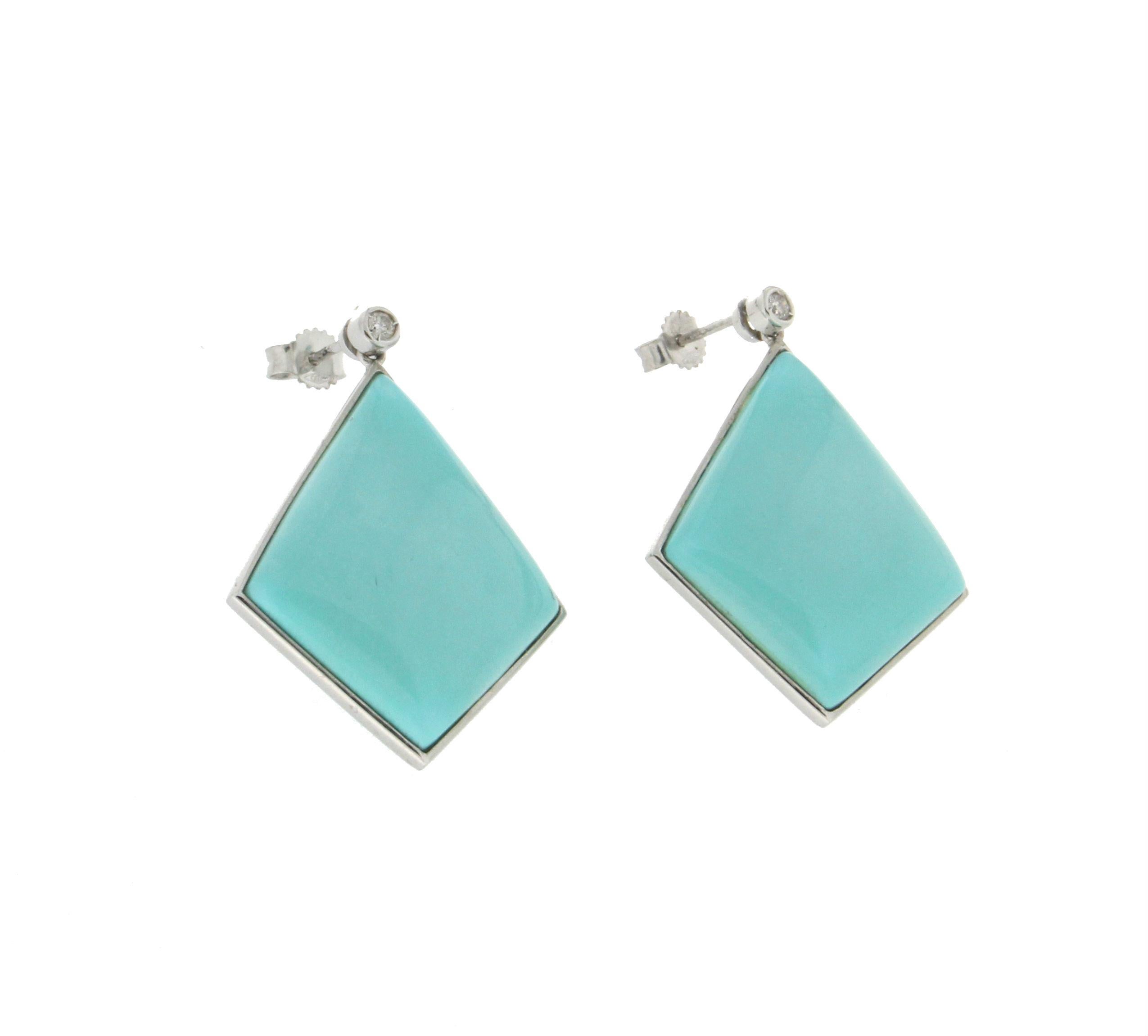 Turquoise,18 Karat White Gold,Drop Earrings

Earrings weight 15.40 grams
Turquoise weight 9 grams
Diamonds weight 0.10 karat