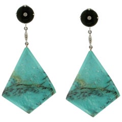 Turquoise 18 Karat White Gold Onyx and Diamonds Drop Earrings