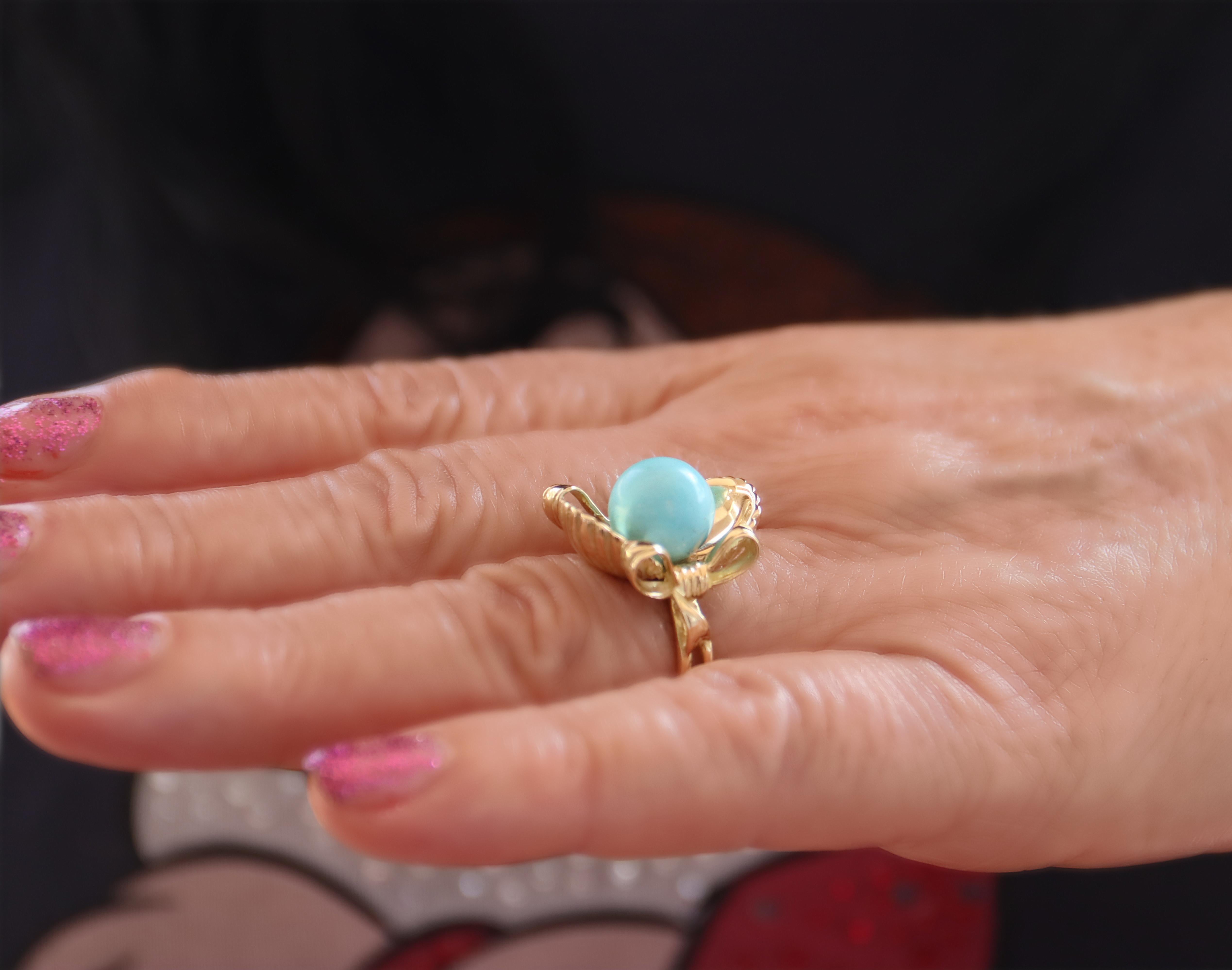 Ball Cut Turquoise 18 Karat Yellow Gold Cocktail Ring For Sale