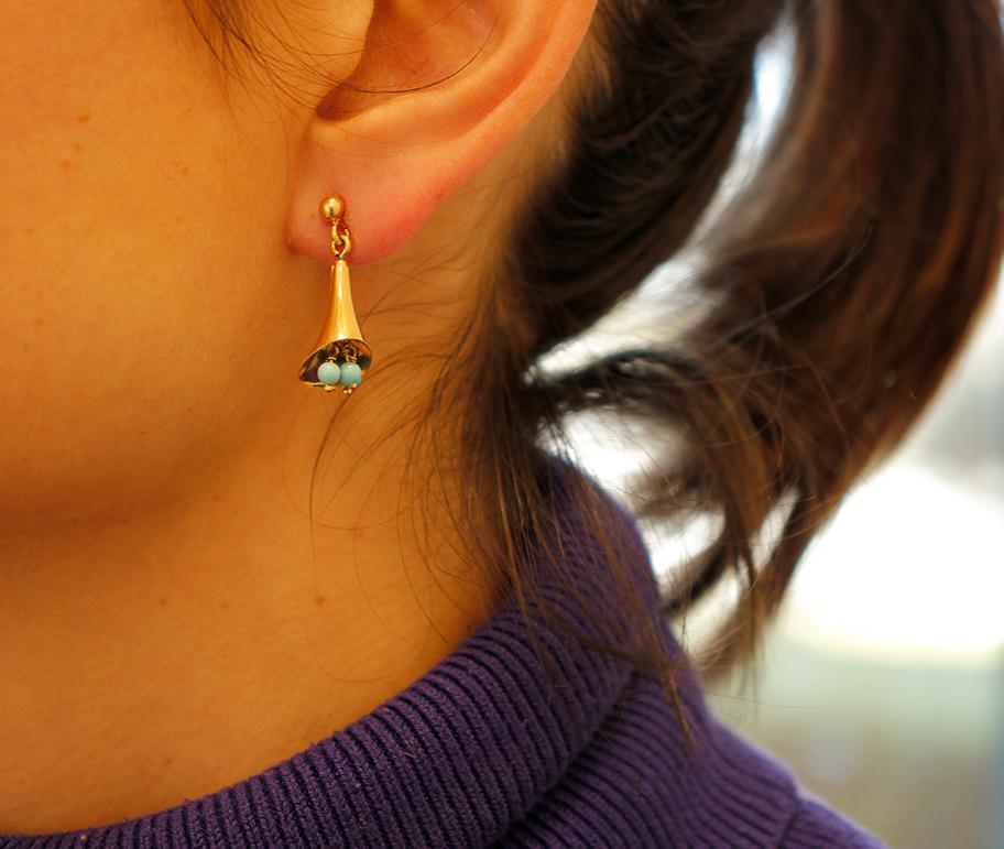 Women's Turquoise, 18 Karat Yellow Gold Dangle Earrings