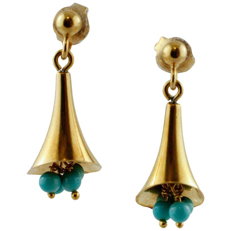 Turquoise, 18 Karat Yellow Gold Dangle Earrings