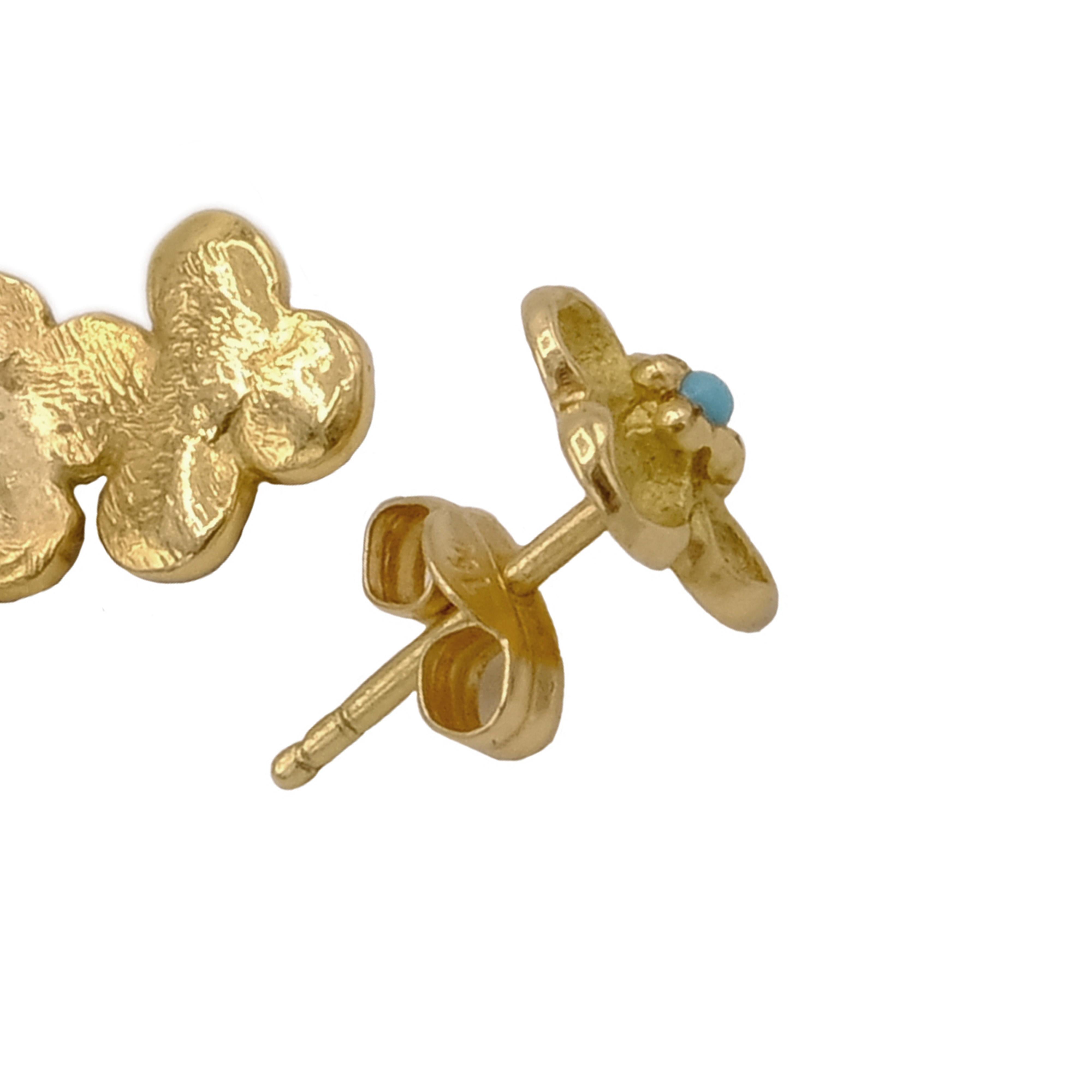 Round Cut 18 Karat Yellow Gold Turquoise Flower Climber Stud Earrings For Sale