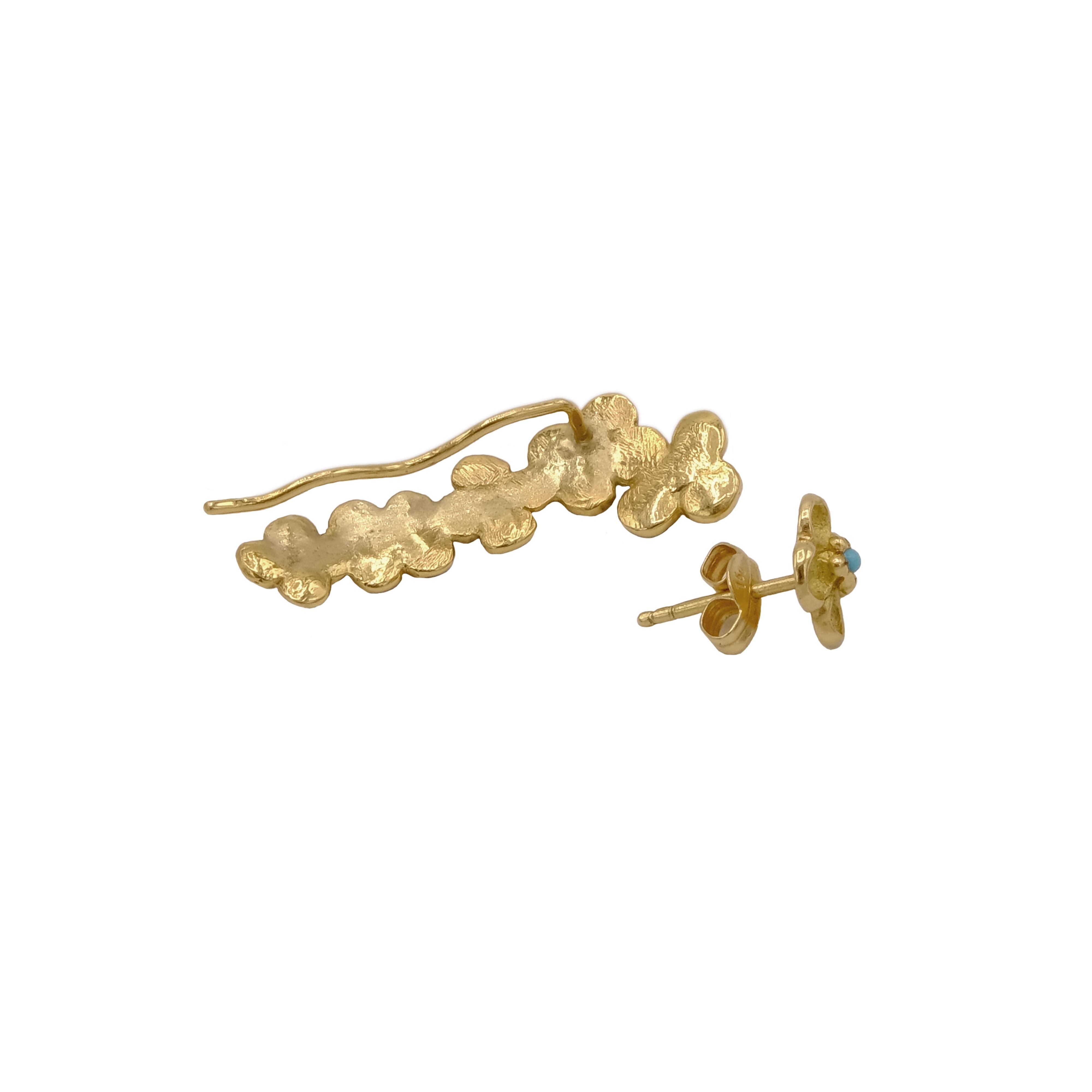 Women's 18 Karat Yellow Gold Turquoise Flower Climber Stud Earrings For Sale