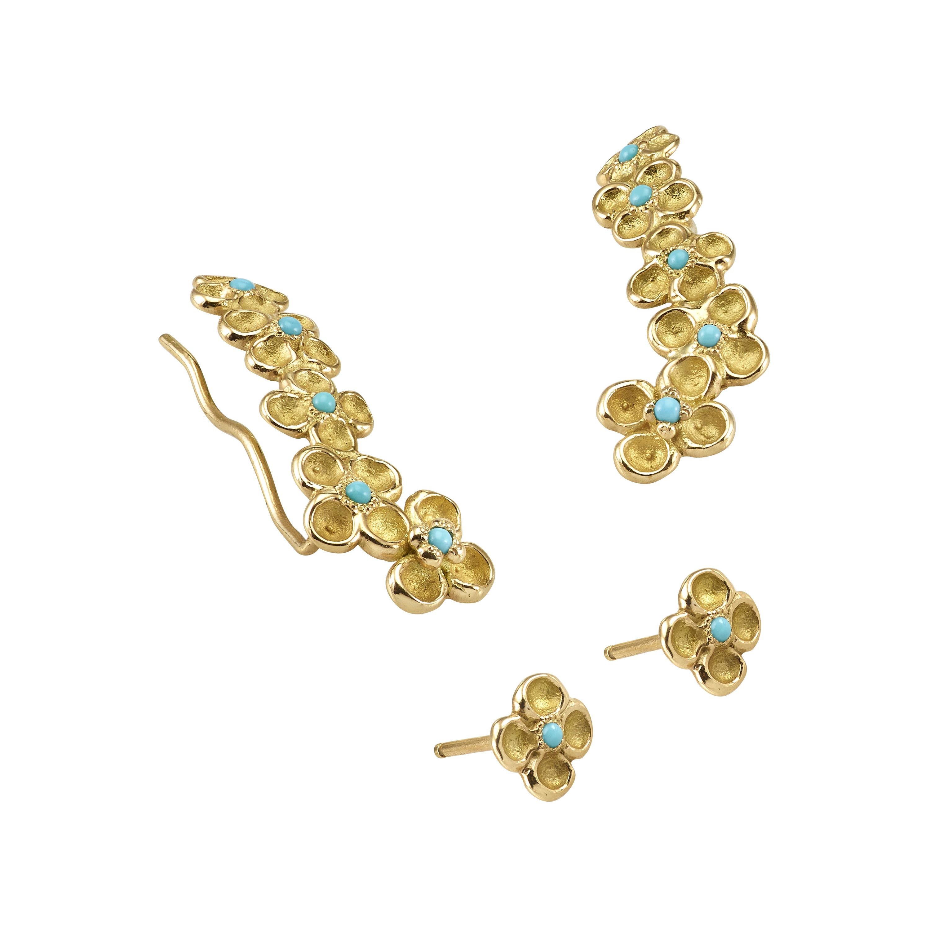 18 Karat Yellow Gold Turquoise Flower Climber Stud Earrings For Sale