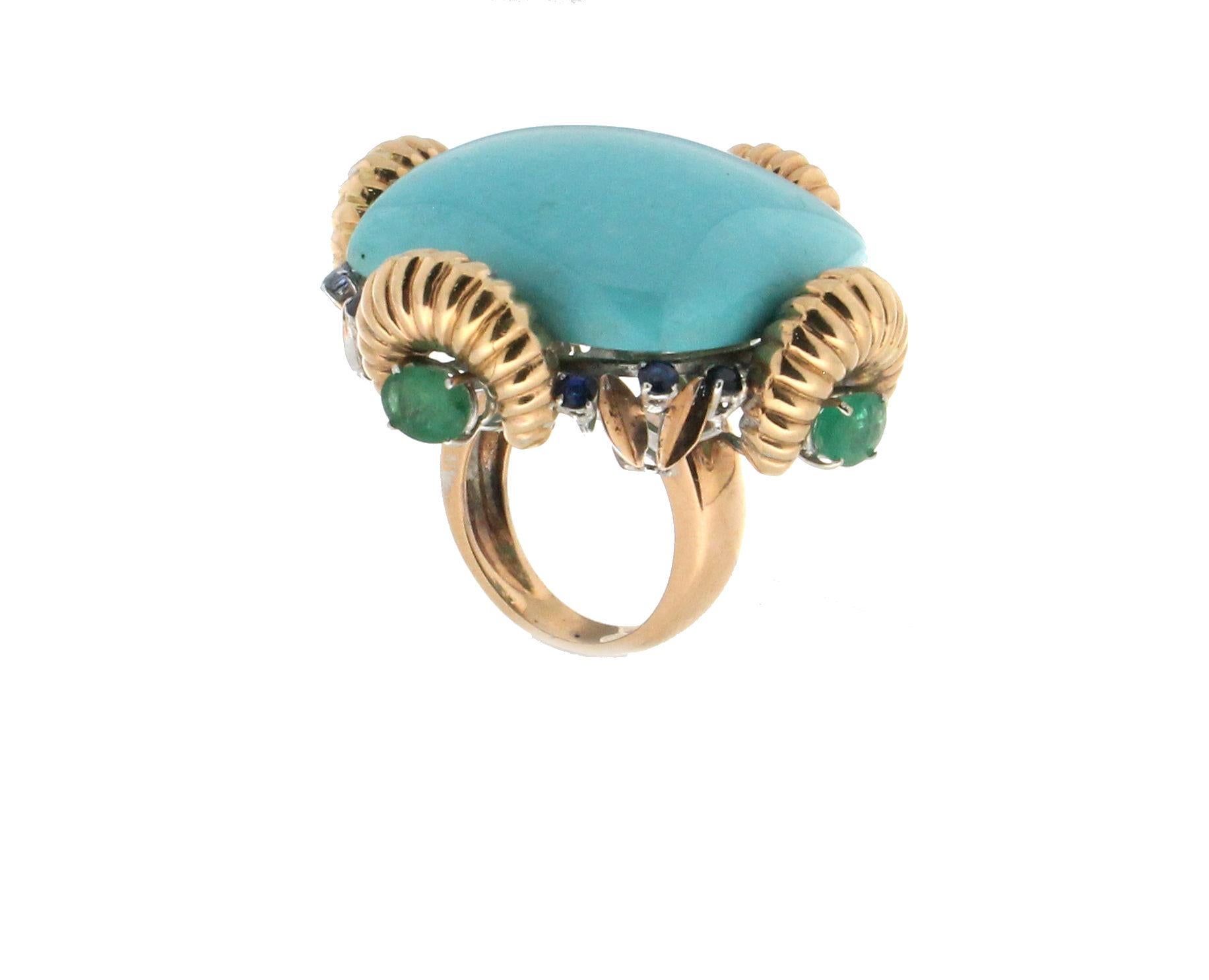 Turquoise 18 Karat Yellow Gold Emerald, Sapphires Cocktail Ring In New Condition In Marcianise, IT