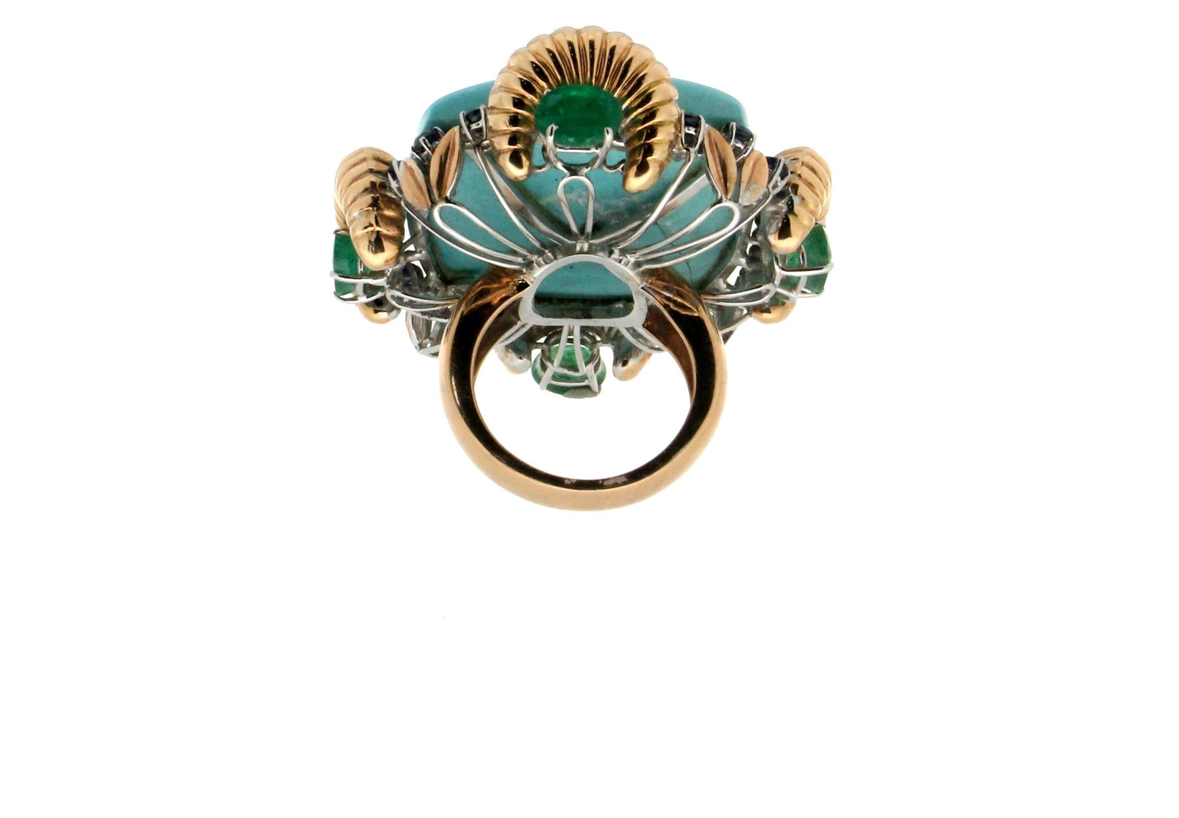 Women's or Men's Turquoise 18 Karat Yellow Gold Emerald, Sapphires Cocktail Ring