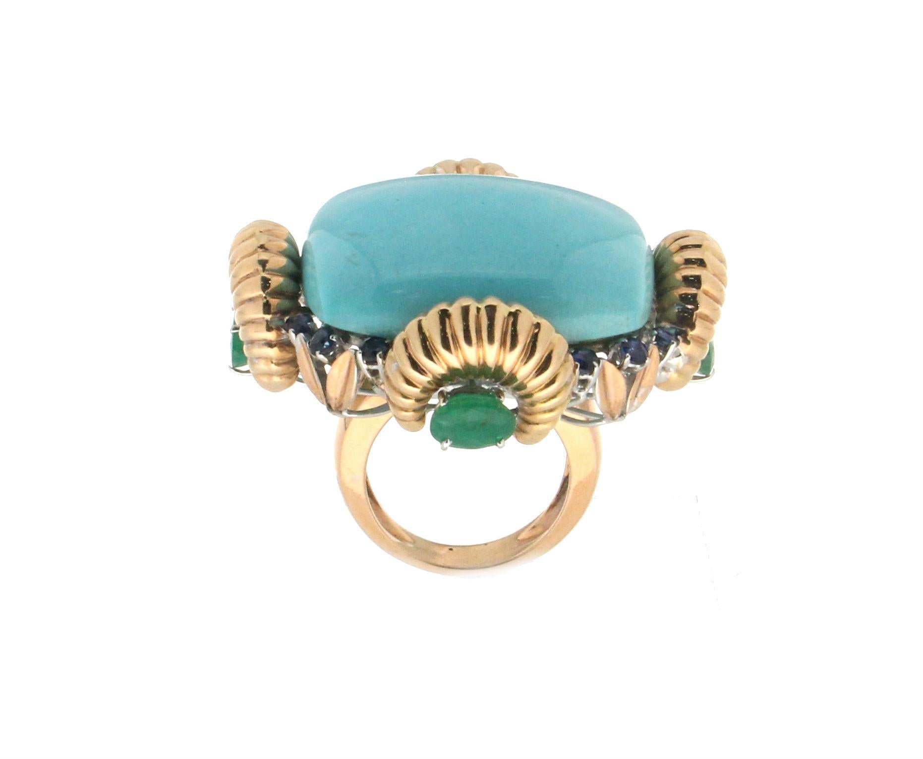 Turquoise 18 Karat Yellow Gold Emerald, Sapphires Cocktail Ring 3