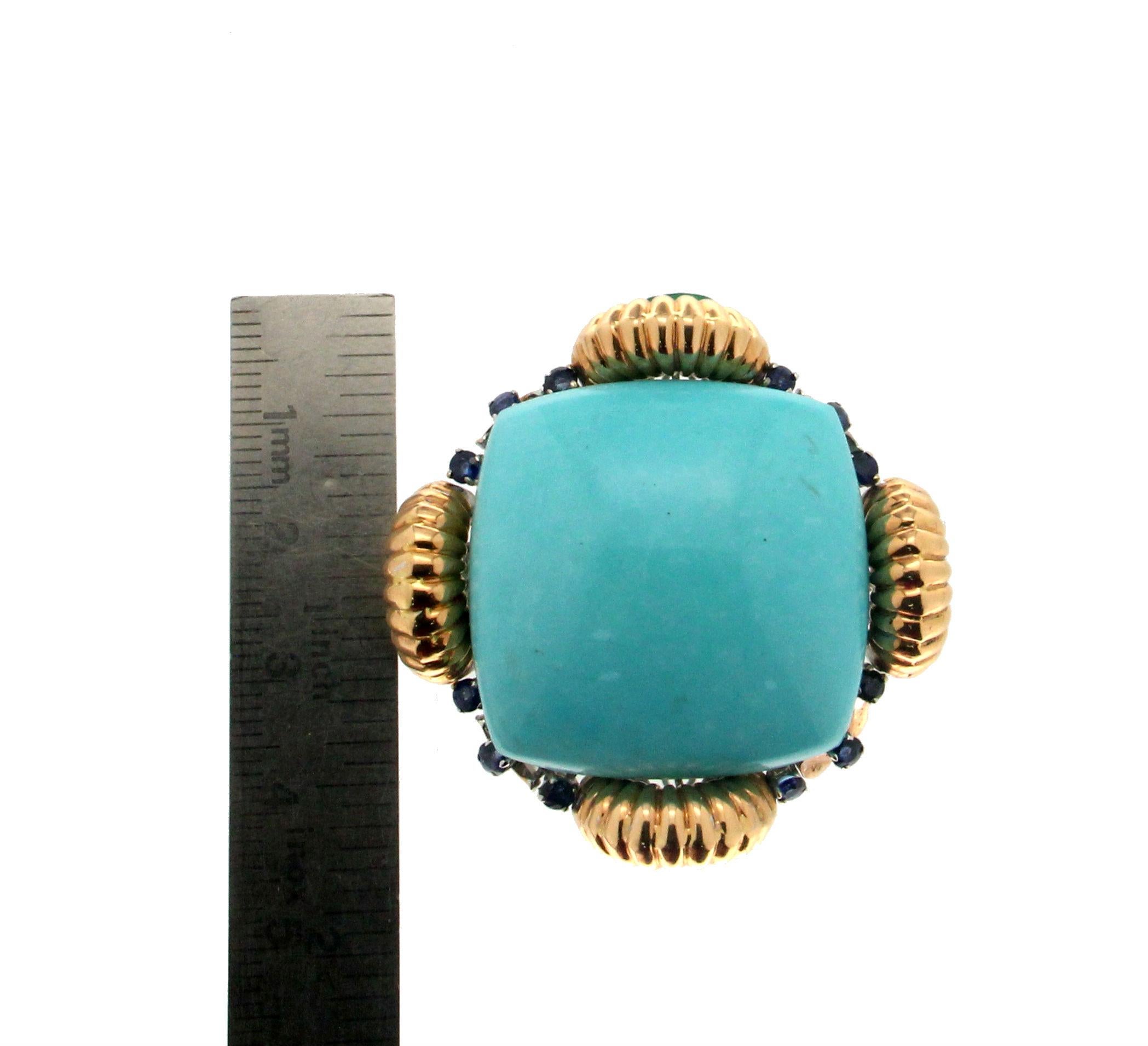 Turquoise 18 Karat Yellow Gold Emerald, Sapphires Cocktail Ring 5