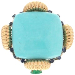 Turquoise 18 Karat Yellow Gold Emerald, Sapphires Cocktail Ring