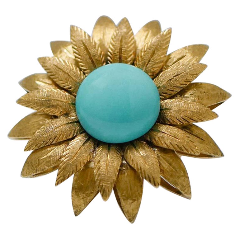 Türkis, 18 Karat Gelbgold Blume Form Mode Ring.