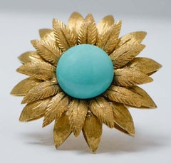 Turquoise, 18 Karat Yellow Gold Flower Shape Fashion Ring.