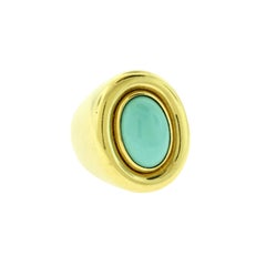 Turquoise 18 Karat Yellow Gold Oval Cabochon Solitaire Cocktail Ring