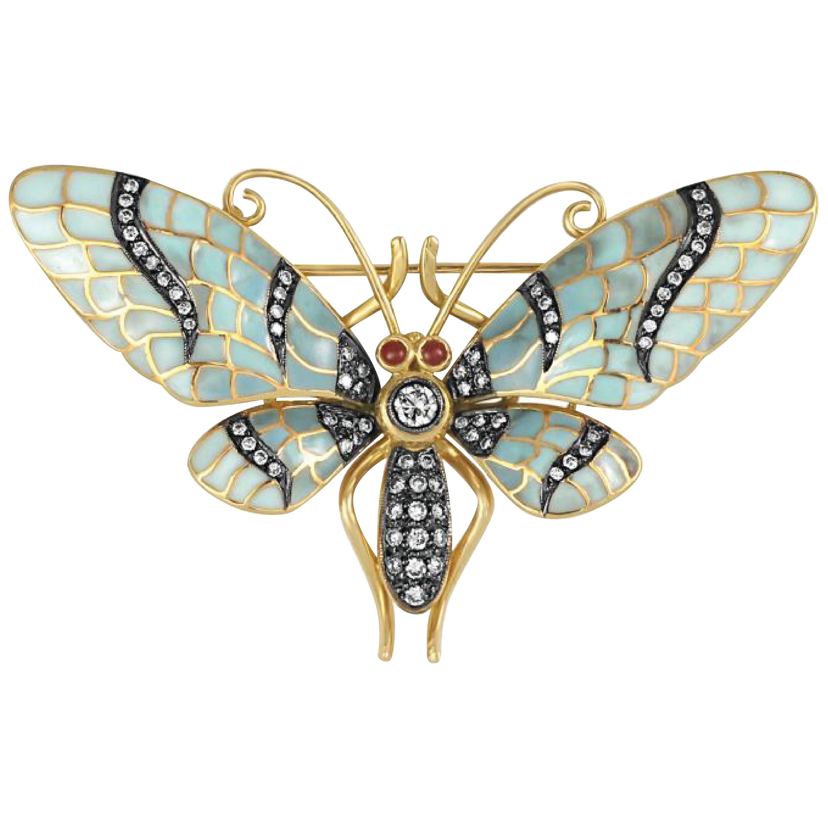 Sophia D, Enamel and Yellow Gold Butterfly Brooch with Diamond and Ruby 