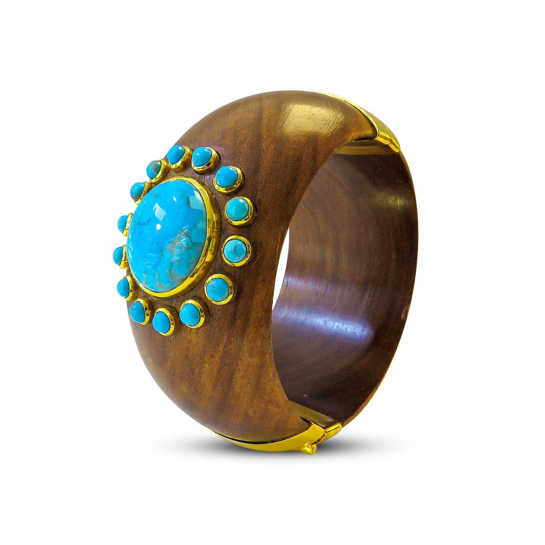 Art Deco Turquoise 18 Karat Gold Plated on Silver and Wood Bangle For Sale