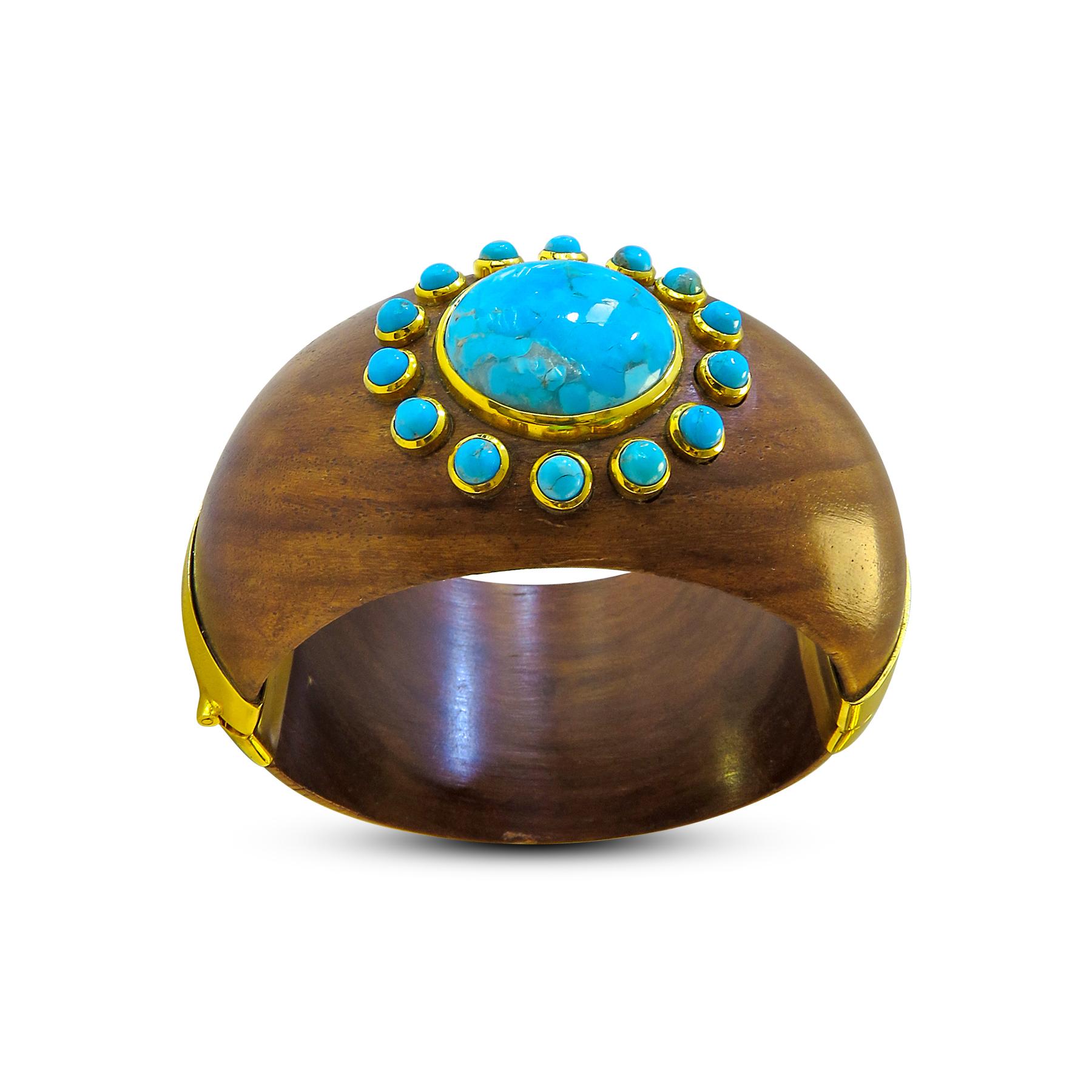 Turquoise 18 Karat Gold Plated on Silver and Wood Bangle In New Condition For Sale In Jackson Heights, NY
