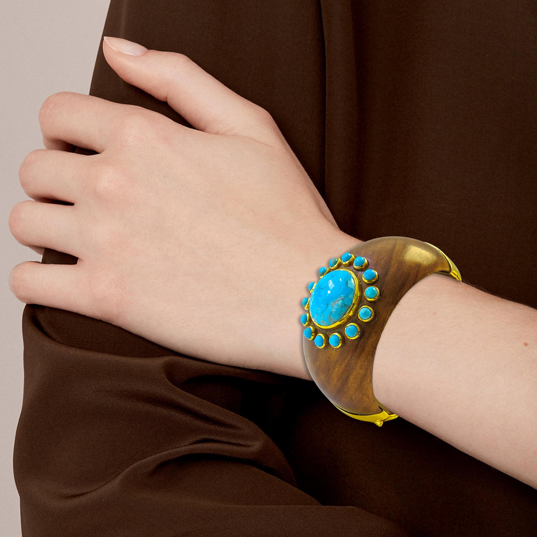 Women's Turquoise 18 Karat Gold Plated on Silver and Wood Bangle For Sale