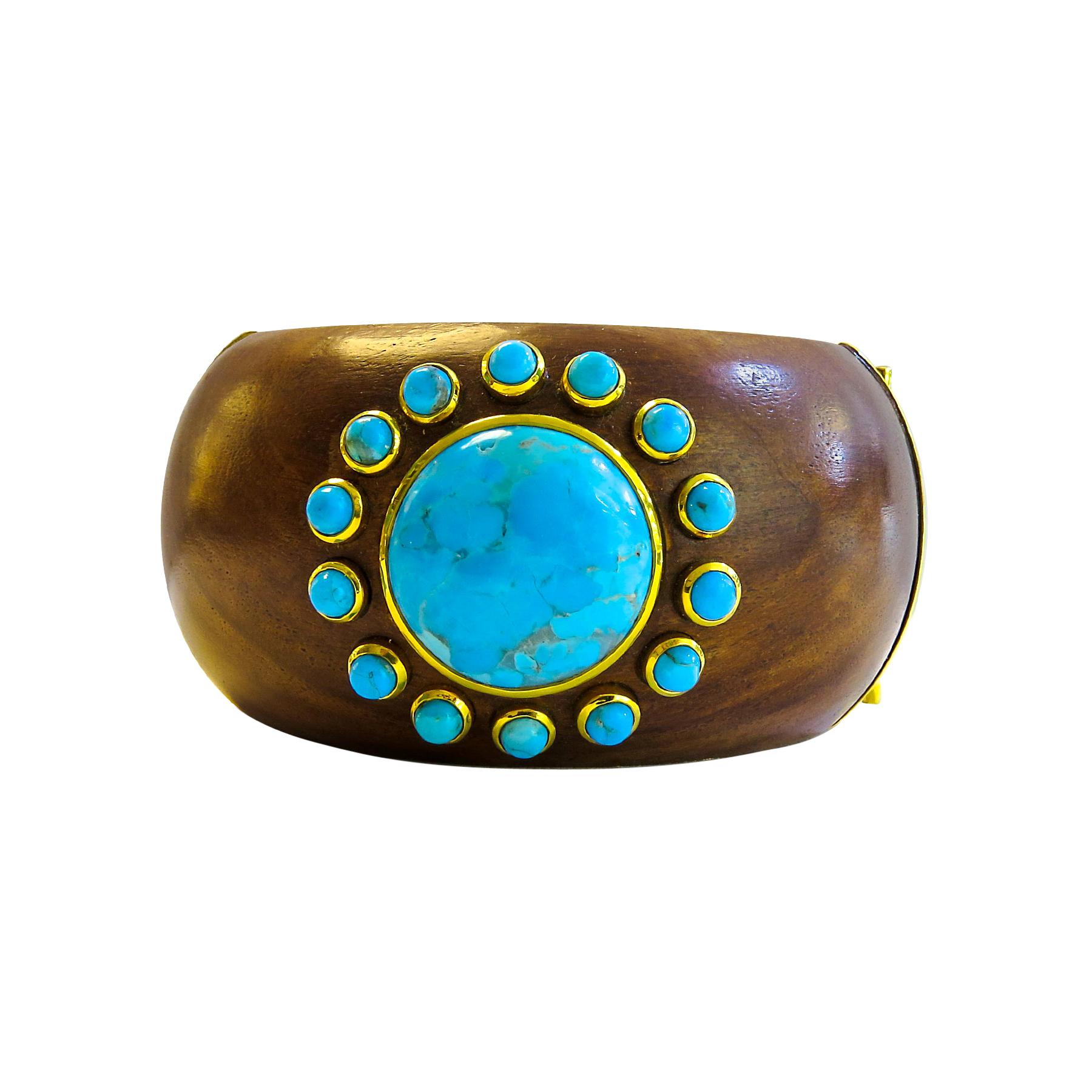 Turquoise 18 Karat Gold Plated on Silver and Wood Bangle For Sale