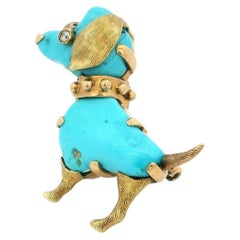 Turquoise &18k yellow Gold & Diamond Dog Eye Beaded Collar Brooch