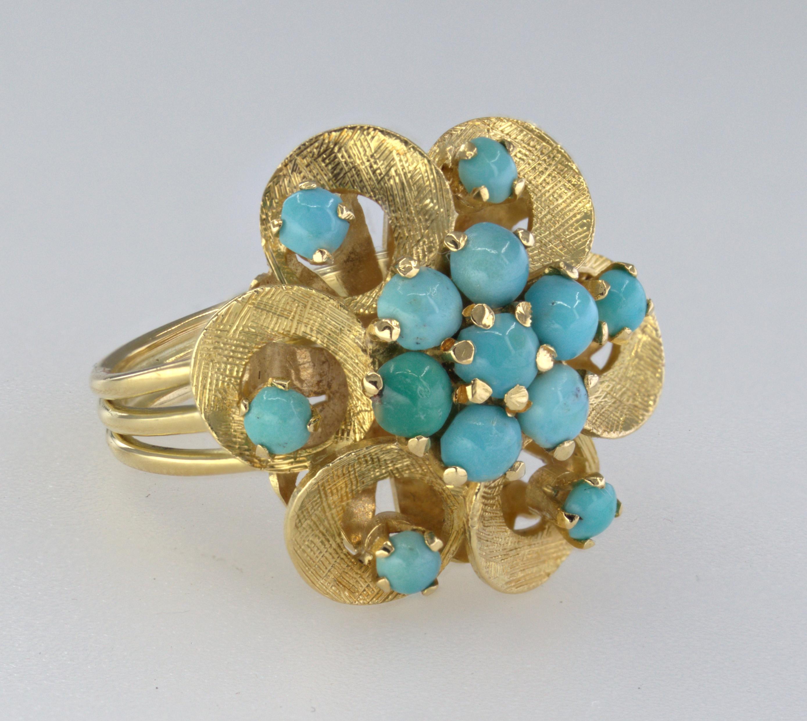 Türkis-Blumenring aus 18 Karat Gelbgold (Kunsthandwerker*in) im Angebot