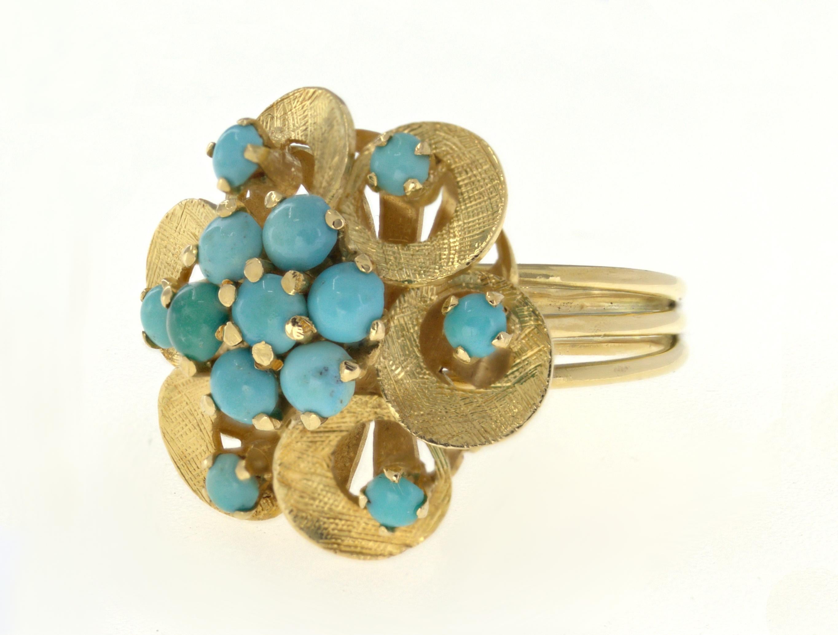 Türkis-Blumenring aus 18 Karat Gelbgold (Gemischter Schliff) im Angebot