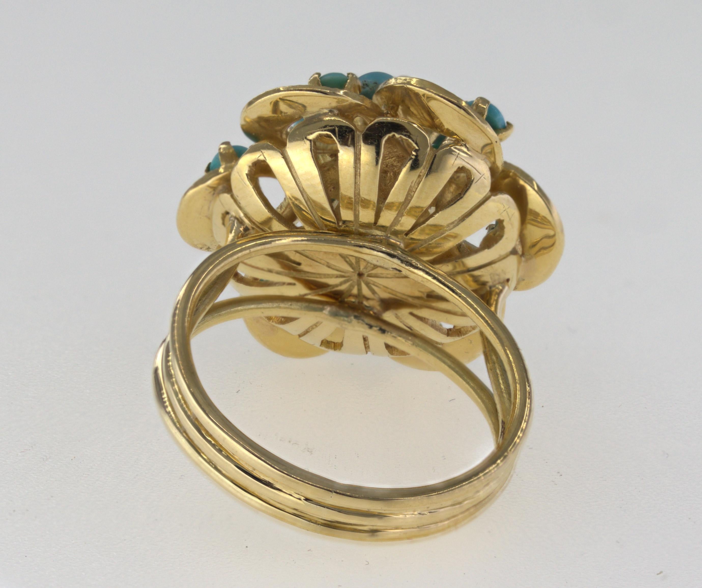 Türkis-Blumenring aus 18 Karat Gelbgold im Zustand „Gut“ im Angebot in Pleasant Hill, CA