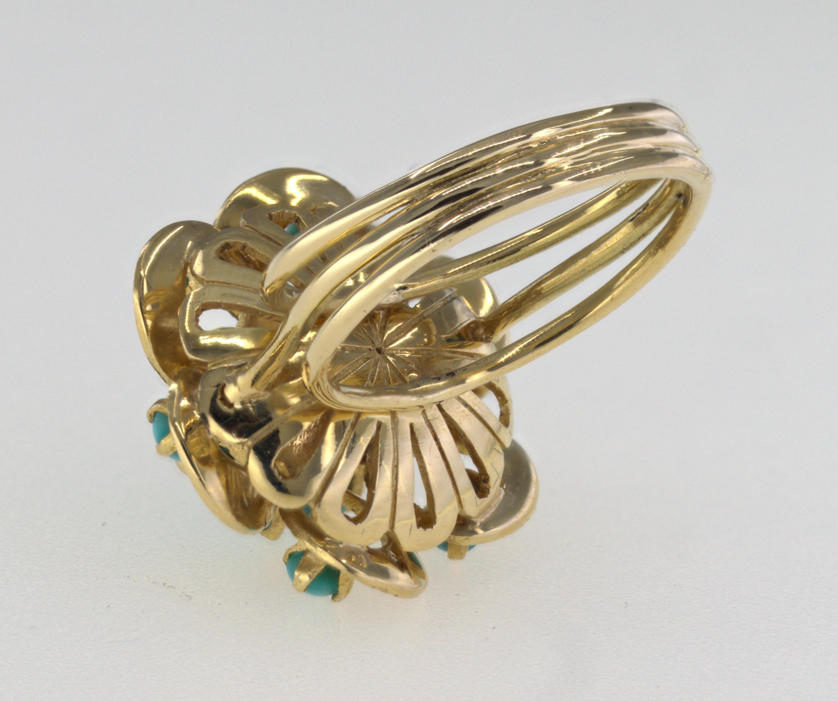 Türkis-Blumenring aus 18 Karat Gelbgold für Damen oder Herren im Angebot