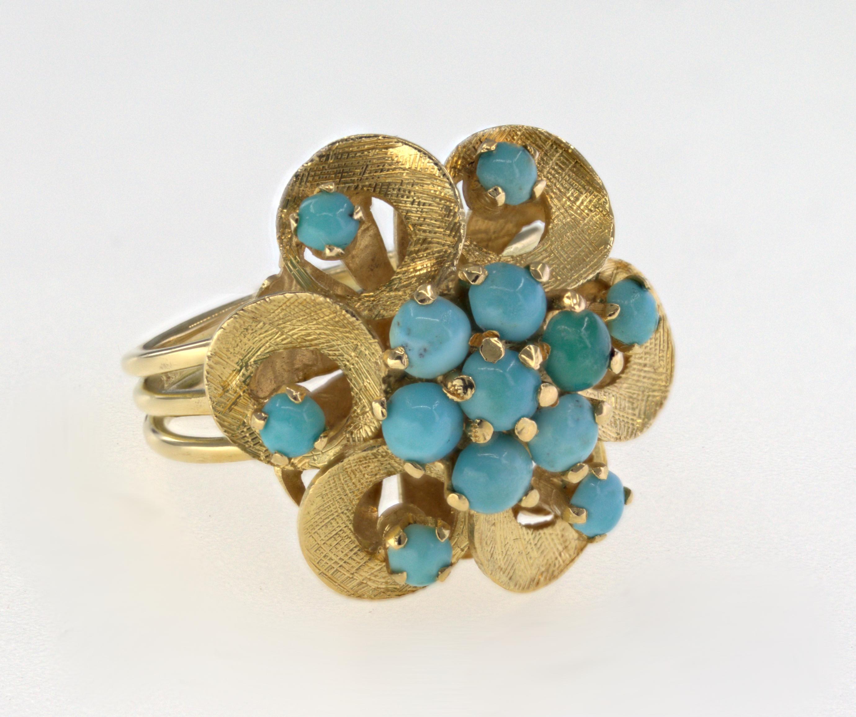 Türkis-Blumenring aus 18 Karat Gelbgold im Angebot 1