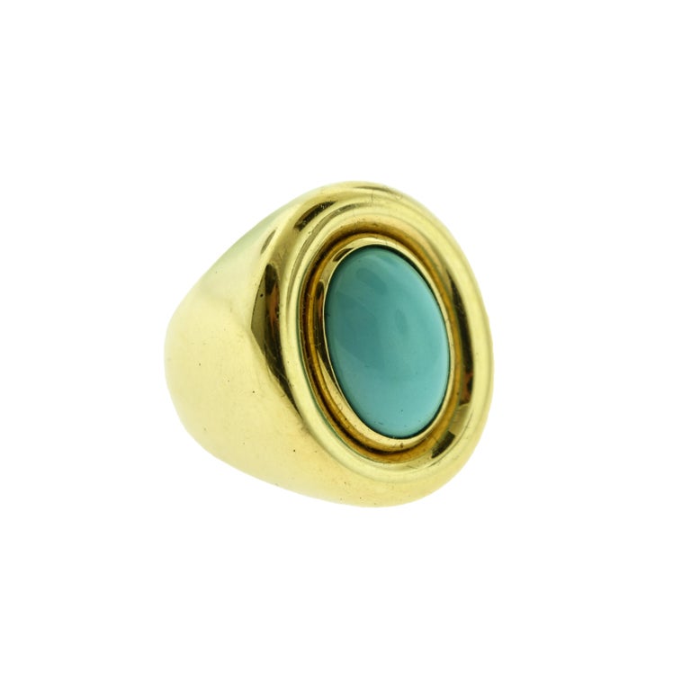Turquoise 18 Karat Yellow Gold Oval Cabochon Solitaire Cocktail Ring at ...