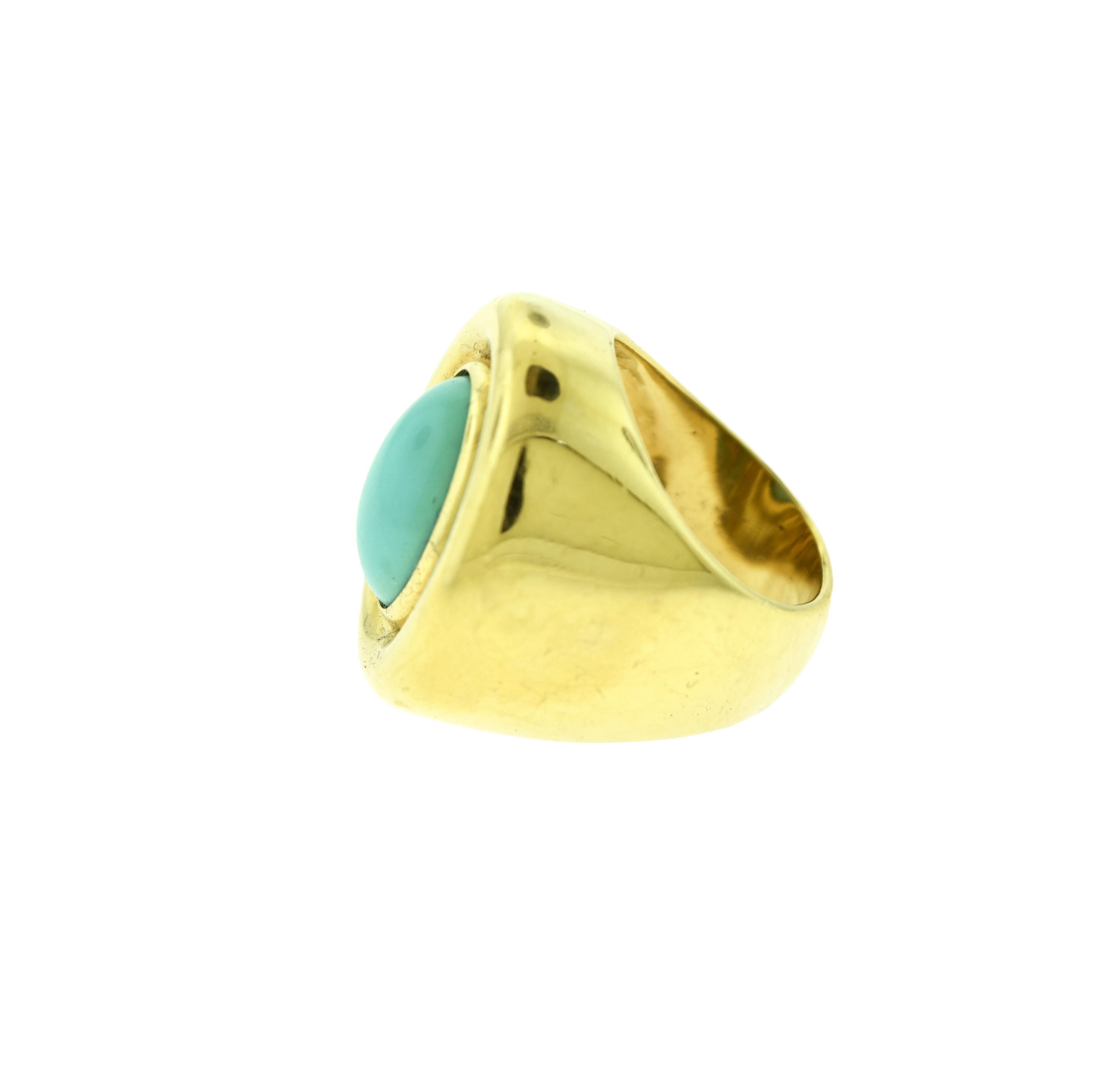 Women's or Men's Turquoise 18 Karat Yellow Gold Oval Cabochon Solitaire Cocktail Ring