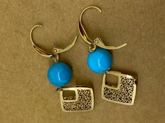 Turquoise & 18K Yellow Gold Pendant / Drop / Dangle 50mm Long Vintage Earrings