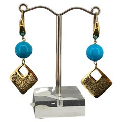 Turquoise & 18K Yellow Gold Pendant / Drop / Dangle 50mm Long Vintage Earrings