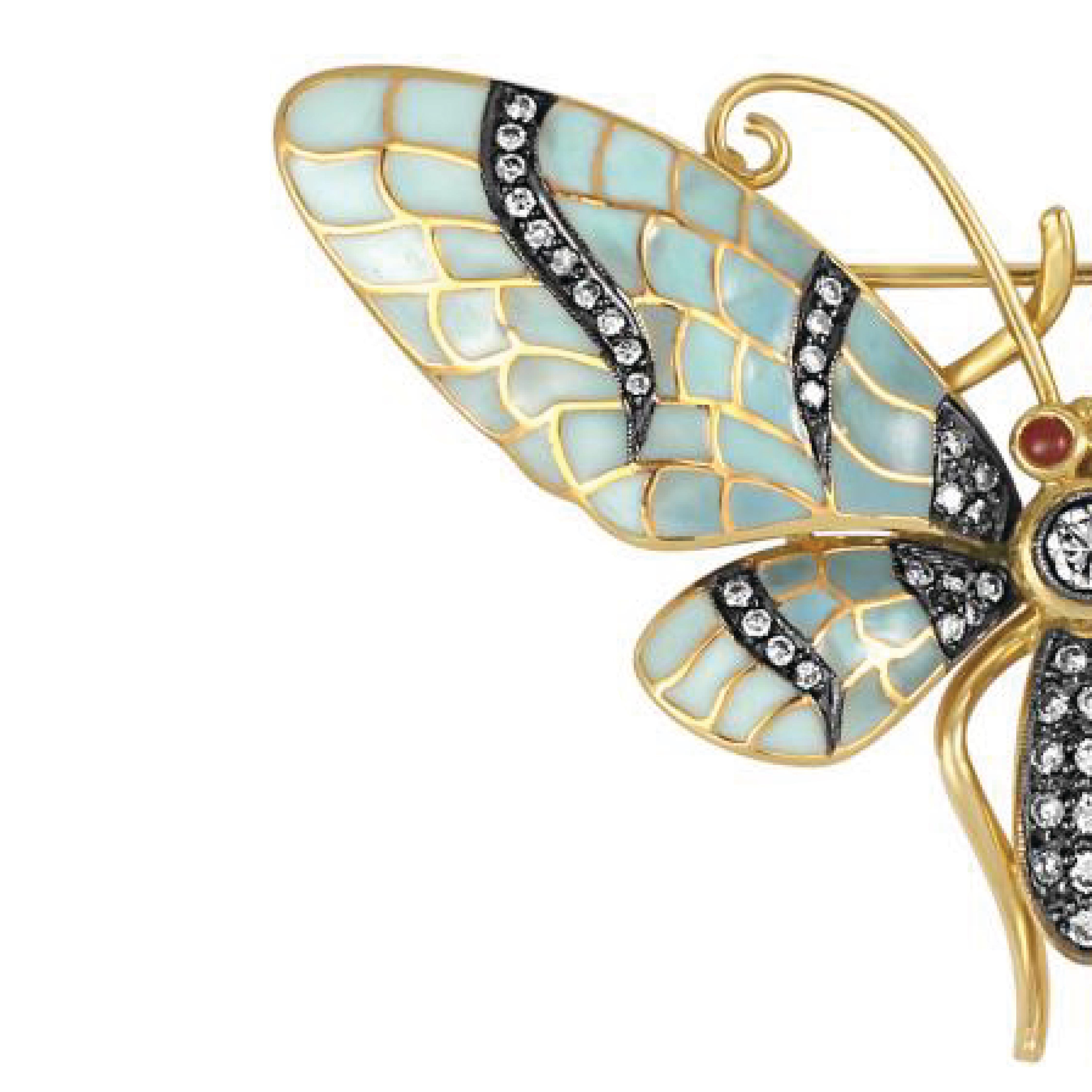 Round Cut Sophia D, Enamel and Yellow Gold Butterfly Brooch with Diamond and Ruby  For Sale