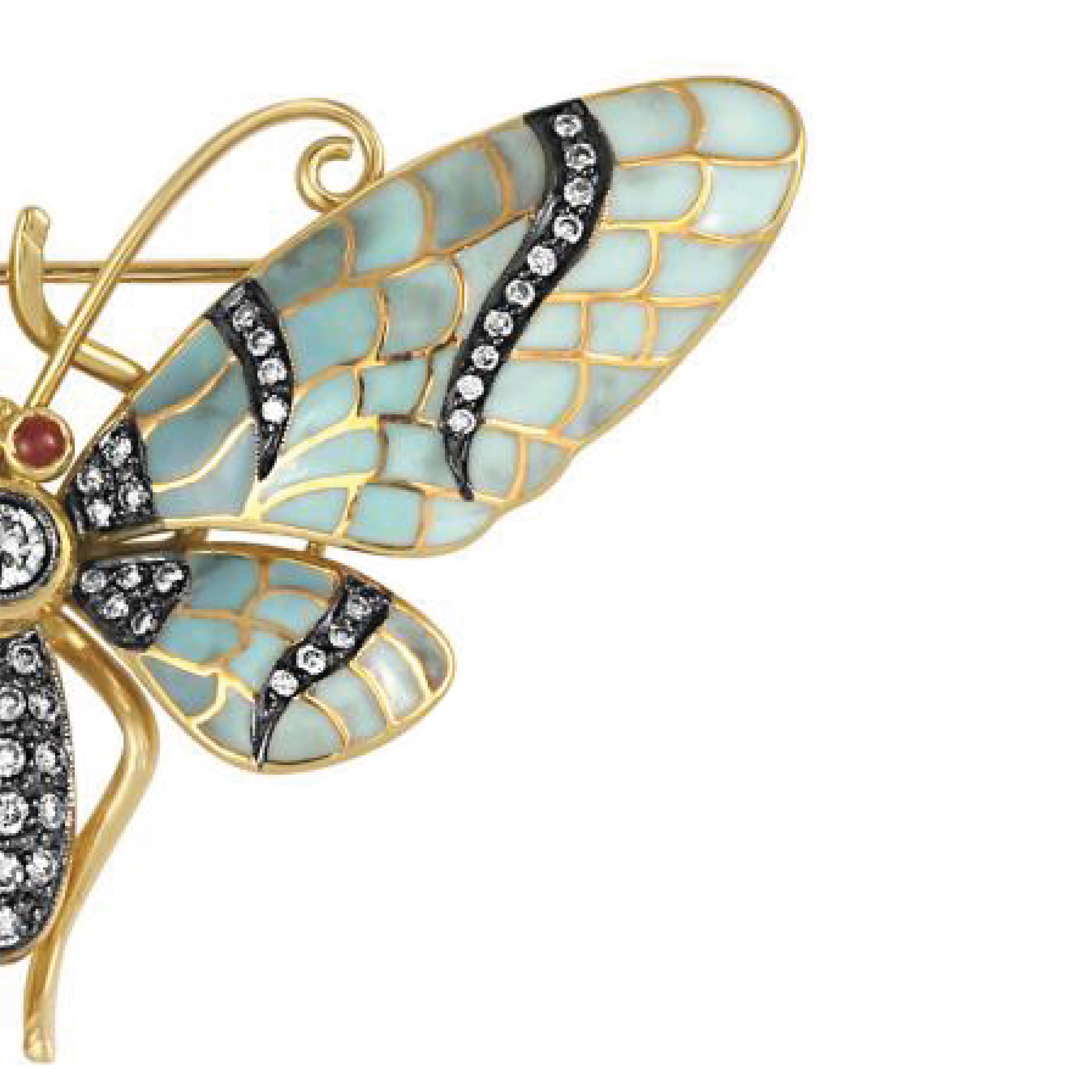 Sophia D, Enamel and Yellow Gold Butterfly Brooch with Diamond and Ruby  In New Condition For Sale In New York, NY
