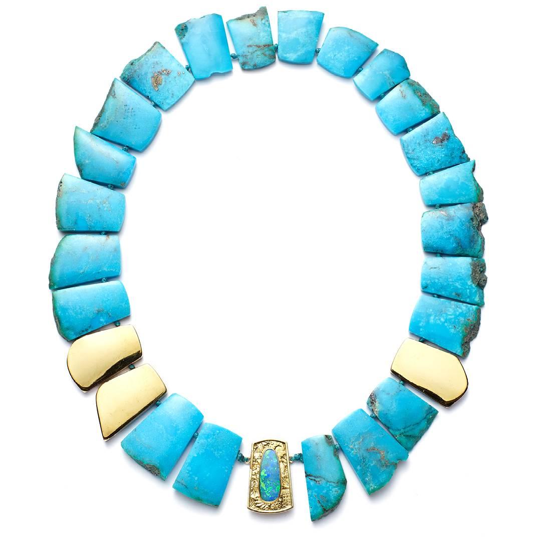 Women's Turquoise and 18 Karat Gold Necklace with Australian Boulder Opal Clasp